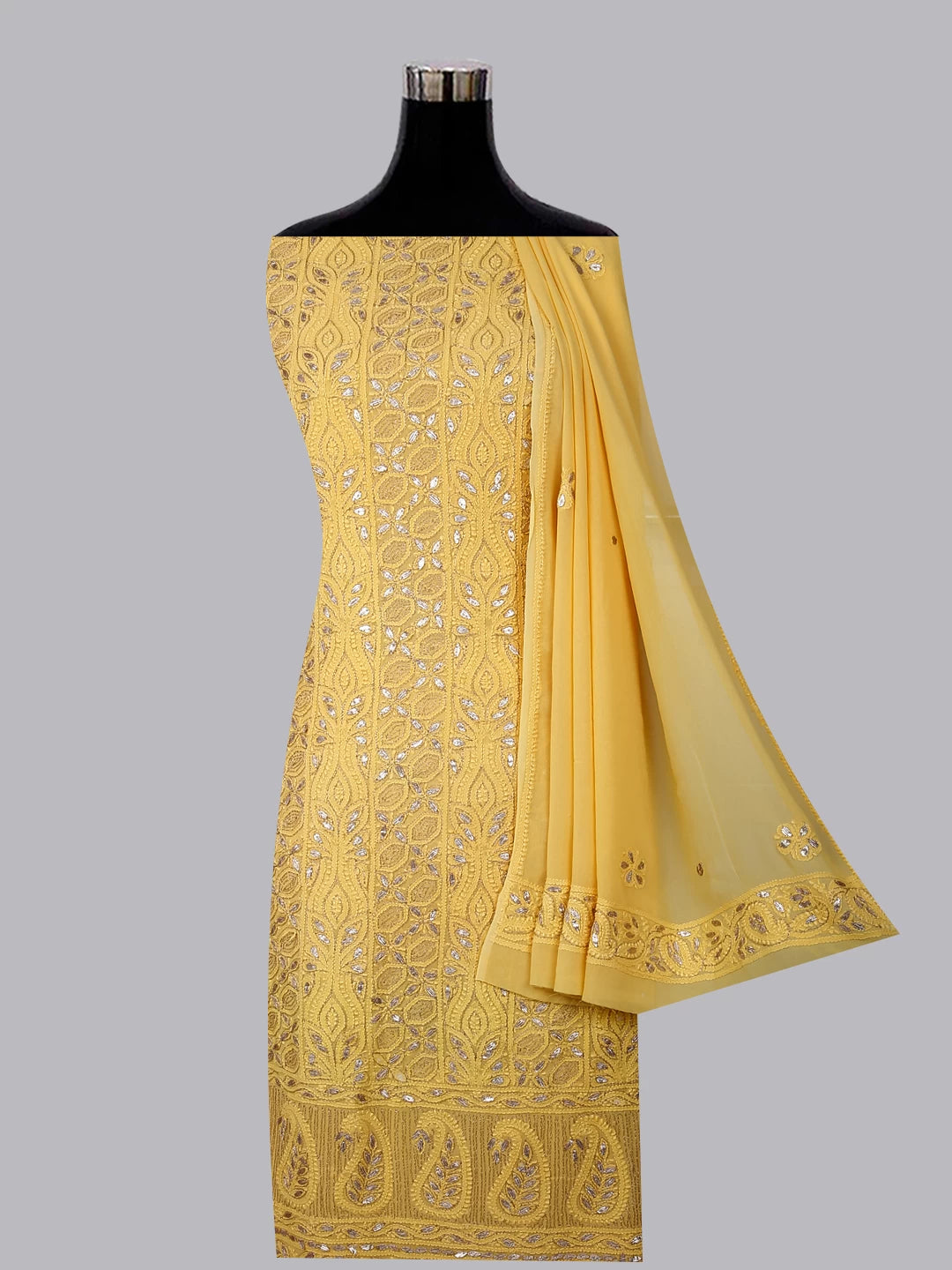Ada Hand Embroidered Yellow Viscose Georgette Lucknowi Chikankari Unstitched Kurta Dupatta Set With Zari Work 01A185000
