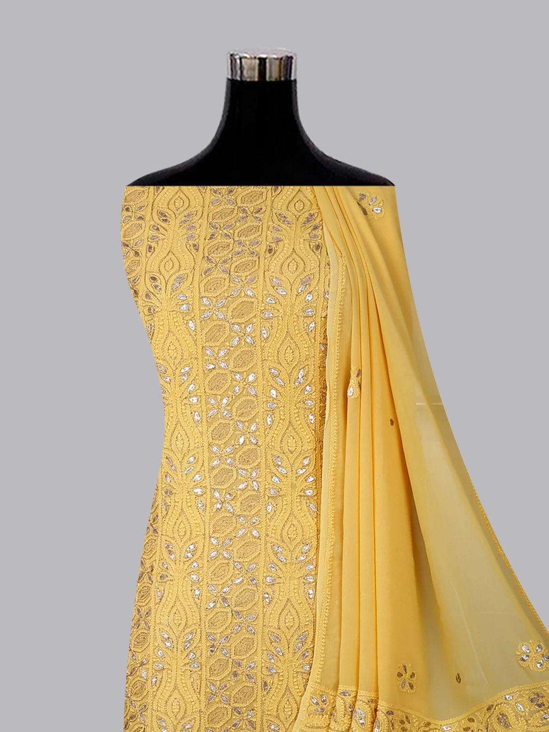 Ada Hand Embroidered Yellow Viscose Georgette Lucknowi Chikankari Unstitched Kurta Dupatta Set With Zari Work 01A185000
