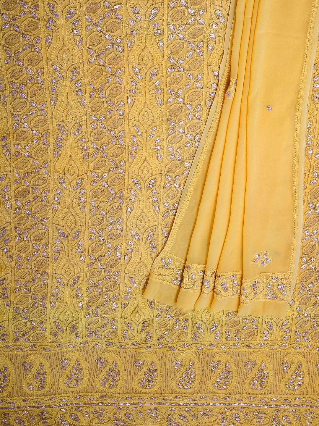 Ada Hand Embroidered Yellow Viscose Georgette Lucknowi Chikankari Unstitched Kurta Dupatta Set With Zari Work 01A185000