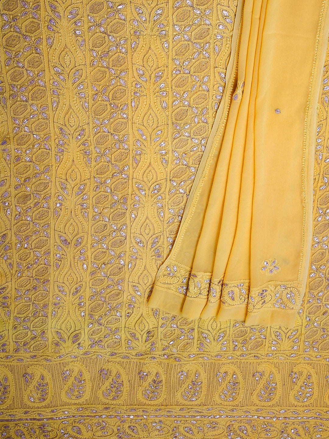 Ada Hand Embroidered Yellow Viscose Georgette Lucknowi Chikankari Unstitched Kurta Dupatta Set With Zari Work 01A185000