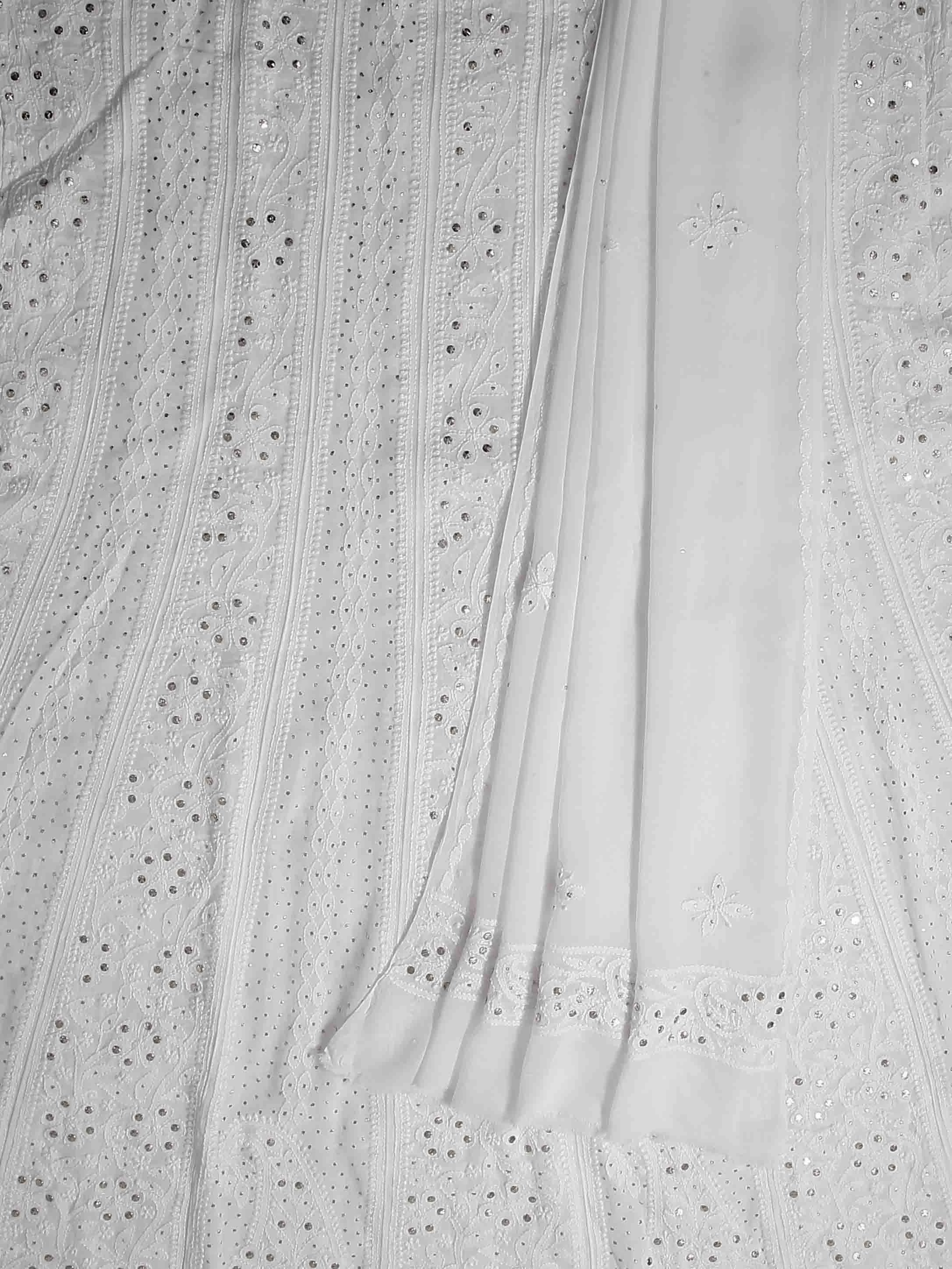 Ada Hand Embroidered White Viscose Georgette Lucknowi Chikankari Semi-Stitched Anarkali Kurta Dupatta Set With Muqaish Work 01A394637