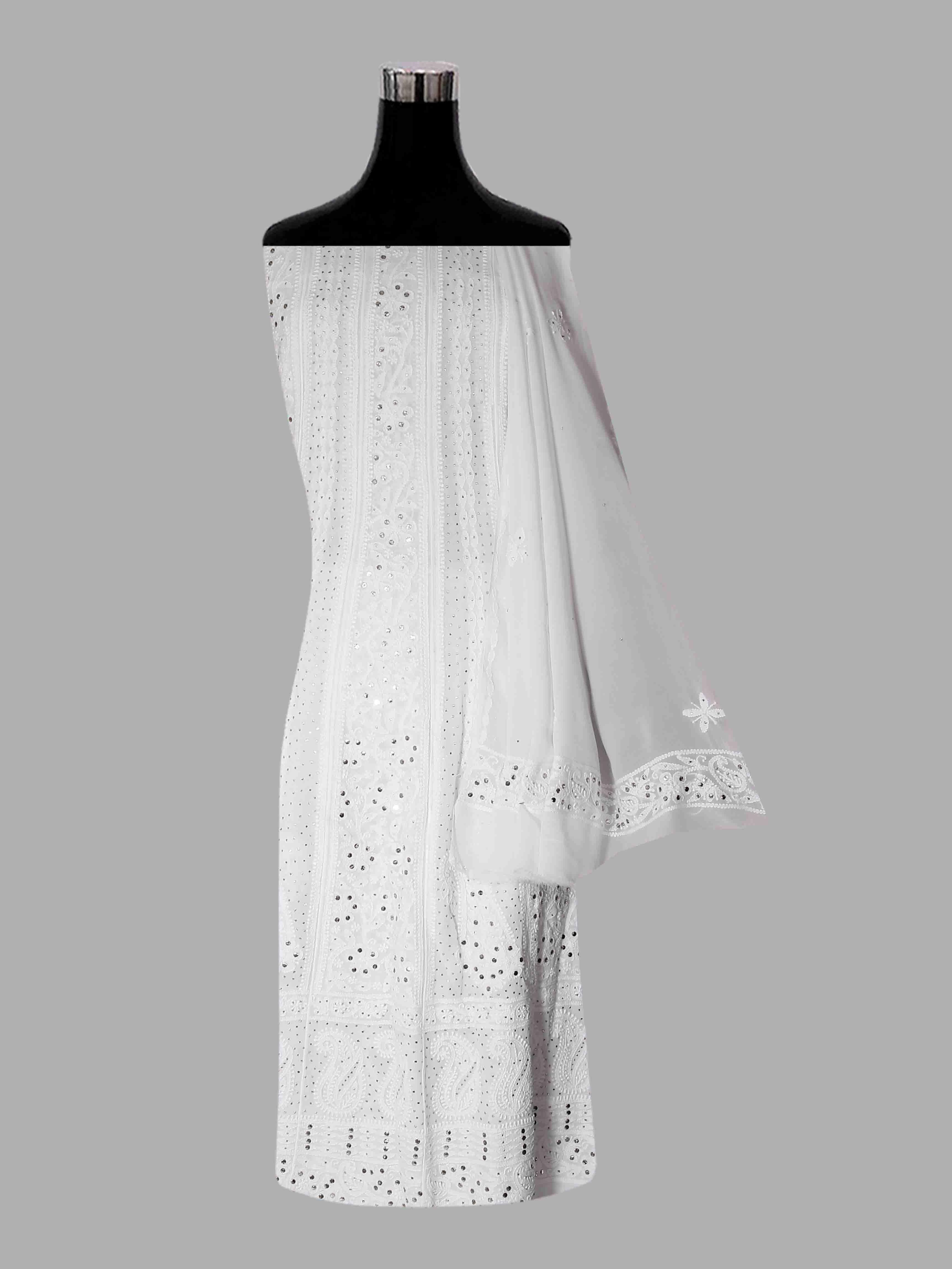 Ada Hand Embroidered White Viscose Georgette Lucknowi Chikankari Semi-Stitched Anarkali Kurta Dupatta Set With Muqaish Work 01A394637