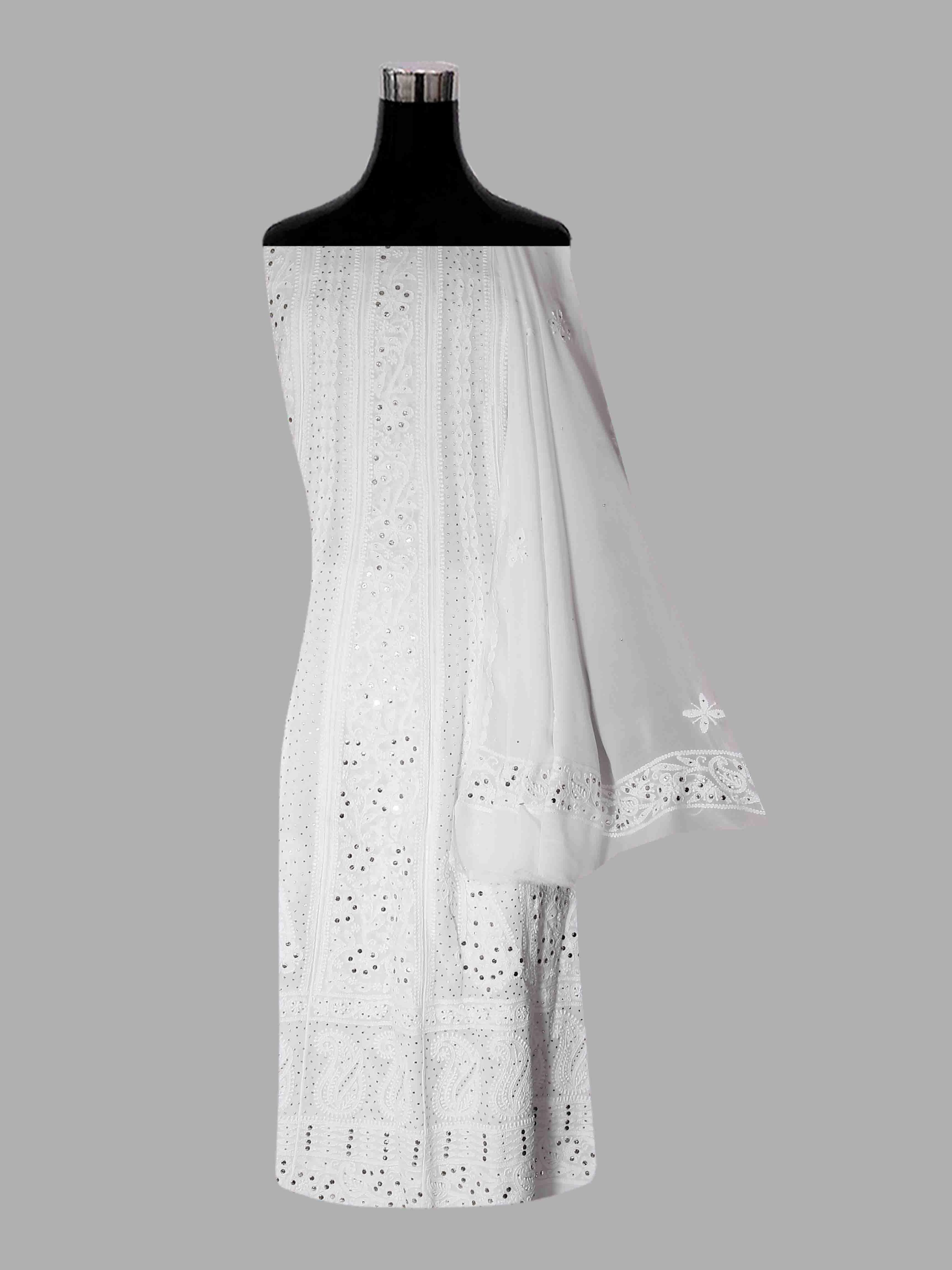 Ada Hand Embroidered White Viscose Georgette Lucknowi Chikankari Semi-Stitched Anarkali Kurta Dupatta Set With Muqaish Work 01A394637