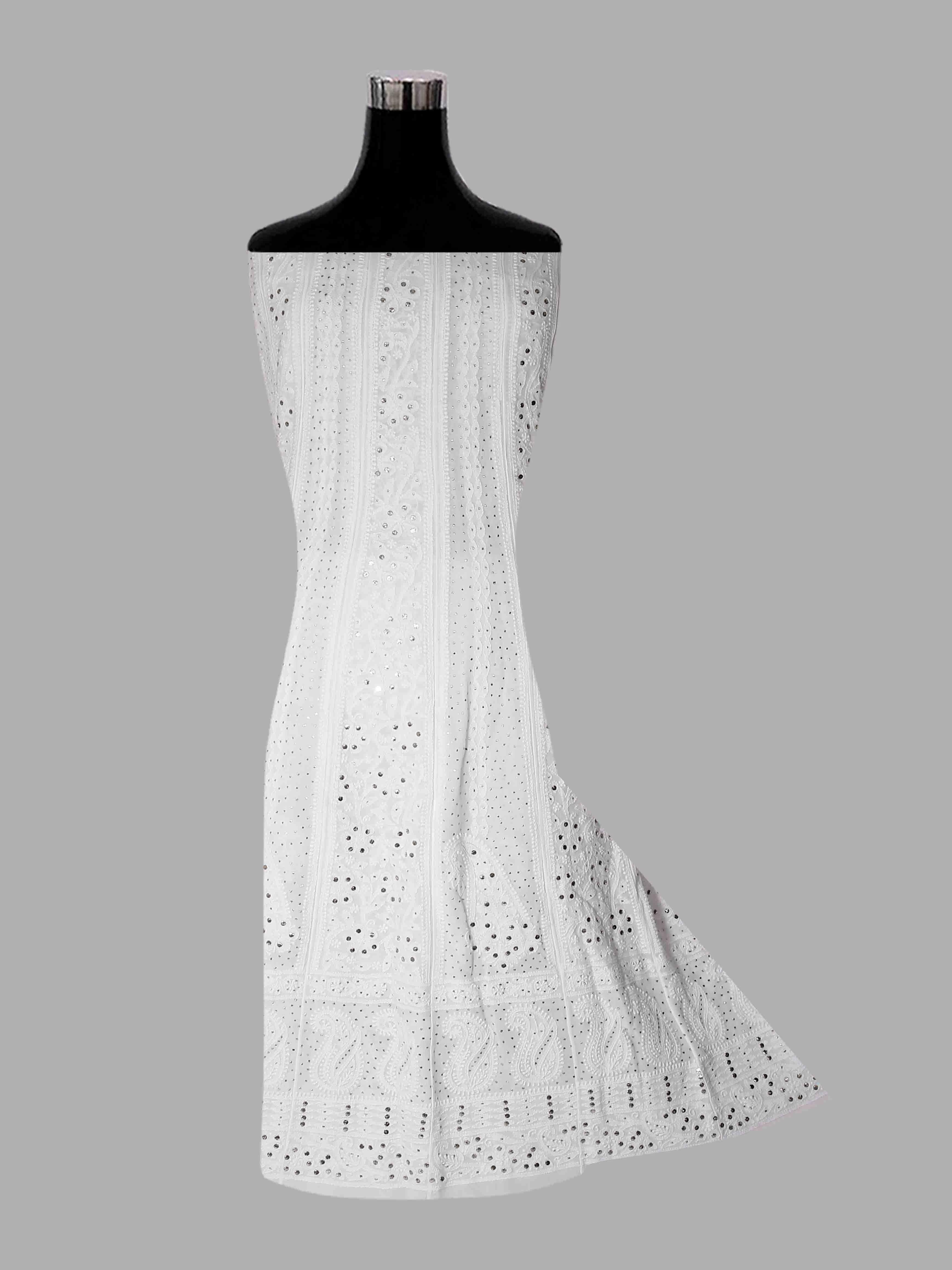 Ada Hand Embroidered White Viscose Georgette Lucknowi Chikankari Semi-Stitched Anarkali Kurta Dupatta Set With Muqaish Work 01A394637