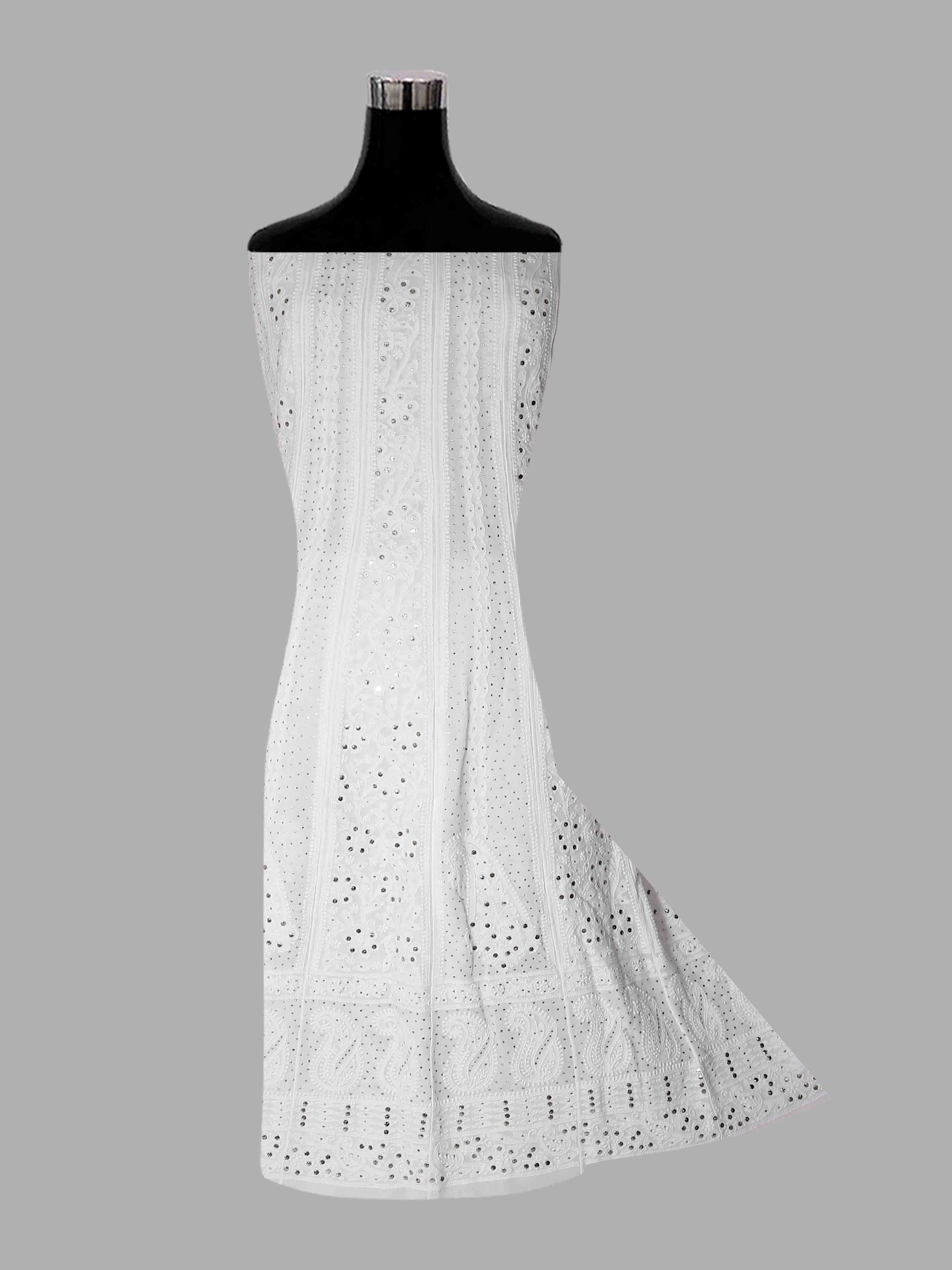 Ada Hand Embroidered White Viscose Georgette Lucknowi Chikankari Semi-Stitched Anarkali Kurta Dupatta Set With Muqaish Work 01A394637