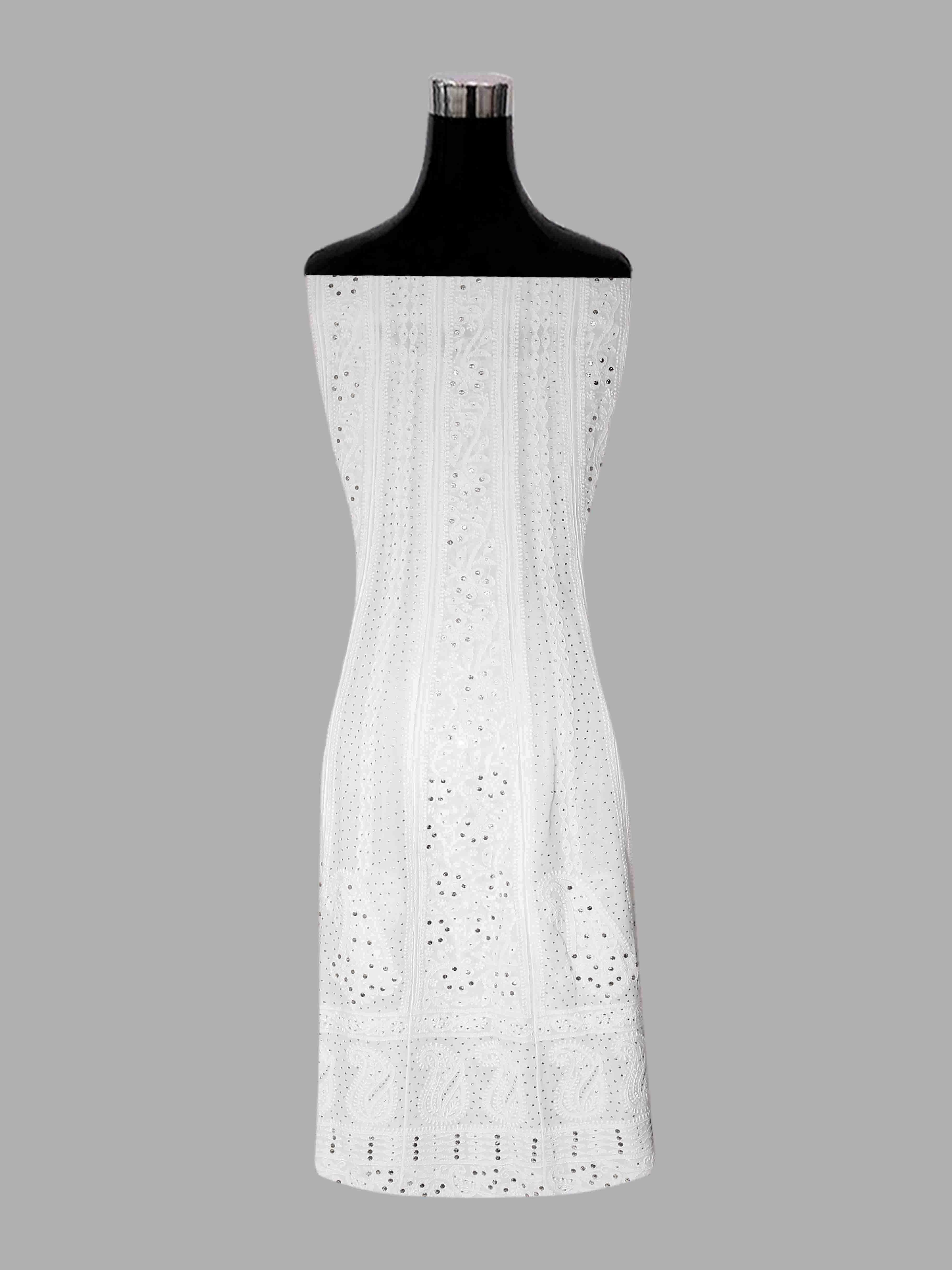 Ada Hand Embroidered White Viscose Georgette Lucknowi Chikankari Semi-Stitched Anarkali Kurta Dupatta Set With Muqaish Work 01A394637