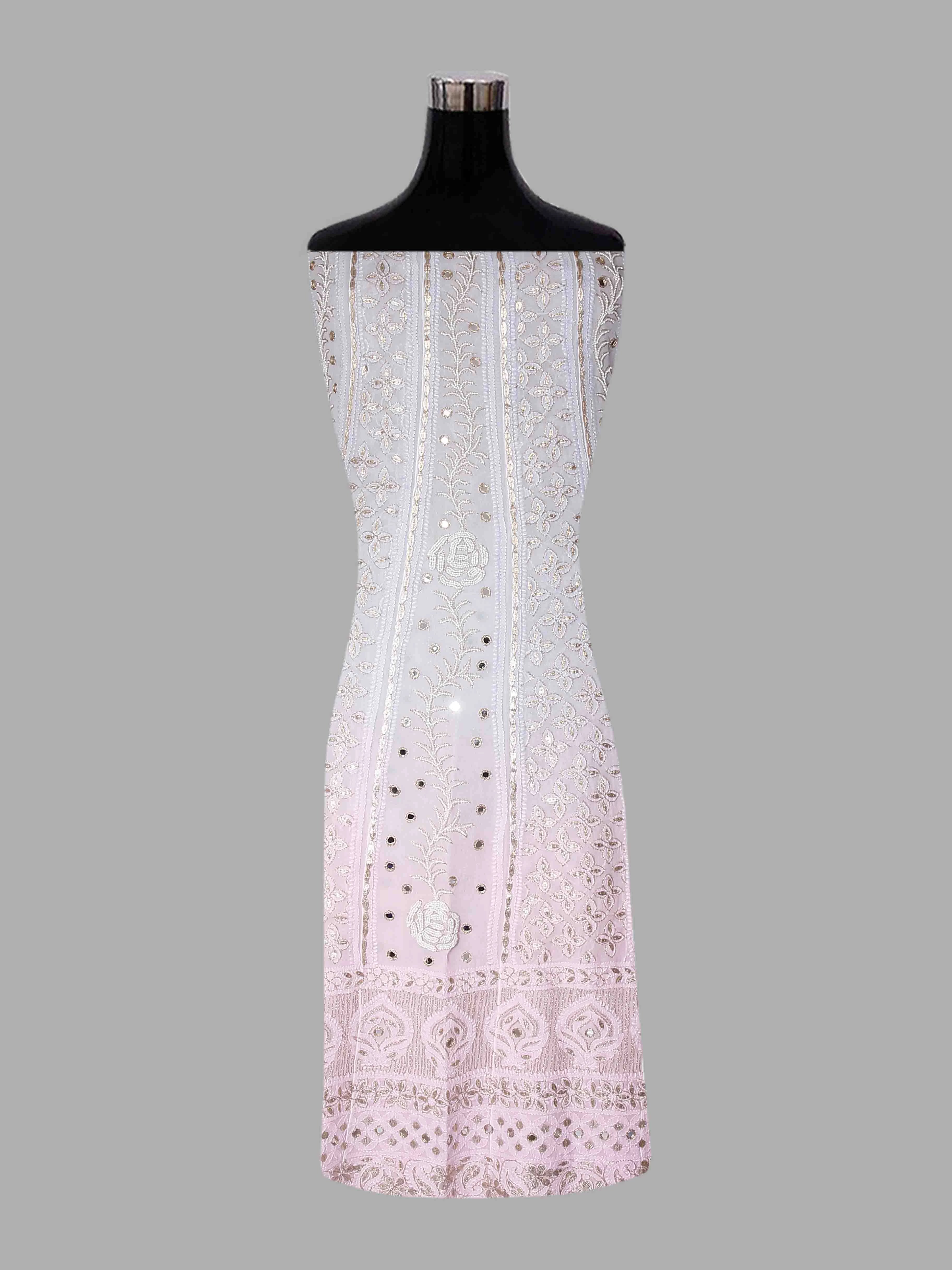 Ada Hand Embroidered Grey Ombre Shade Georgette Lucknowi Chikankari Semi-Stitched Anarkali Kurta Dupatta Set With Mirror Work 01A368668