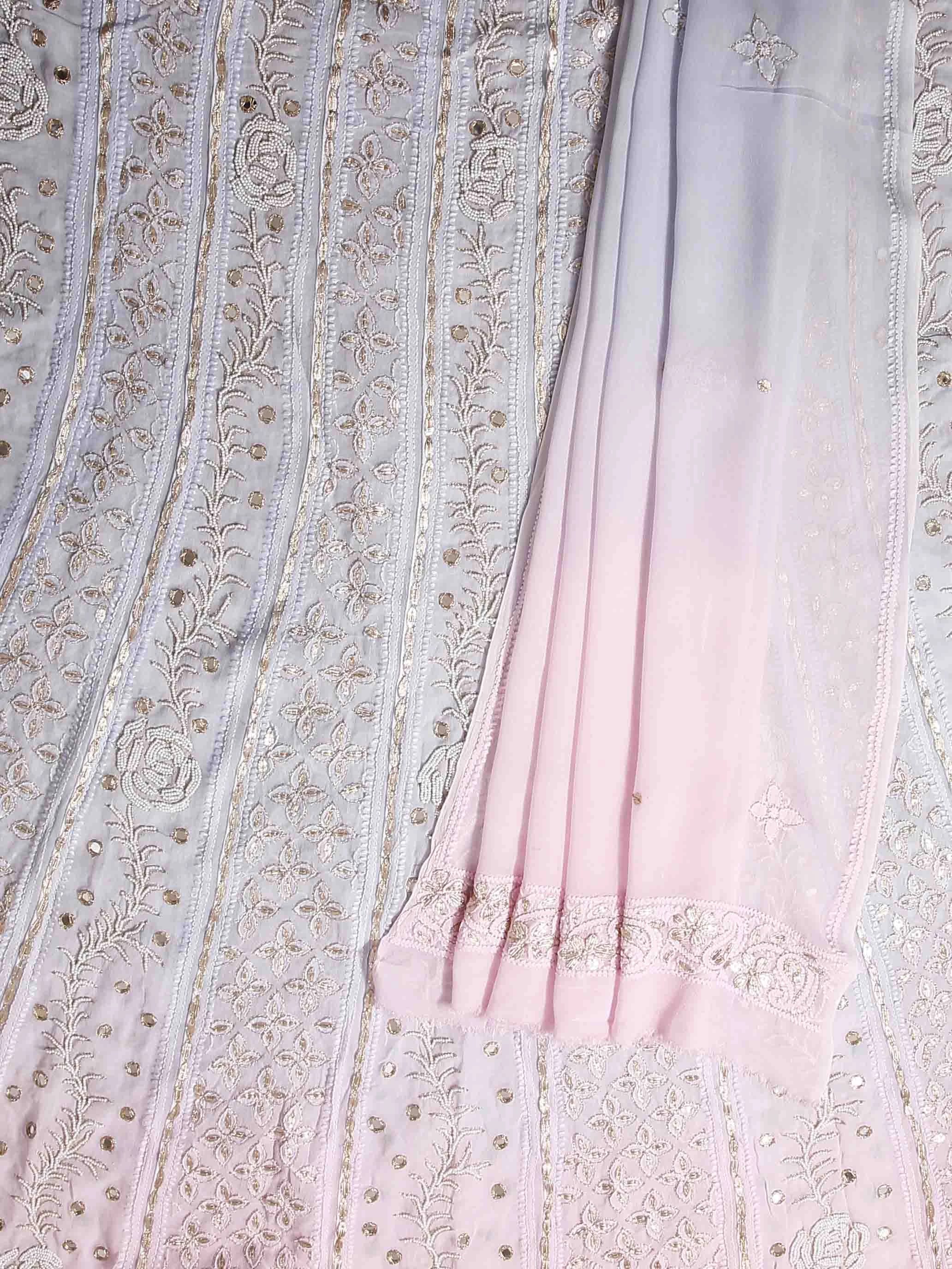 Ada Hand Embroidered Grey Ombre Shade Georgette Lucknowi Chikankari Semi-Stitched Anarkali Kurta Dupatta Set With Mirror Work 01A368668