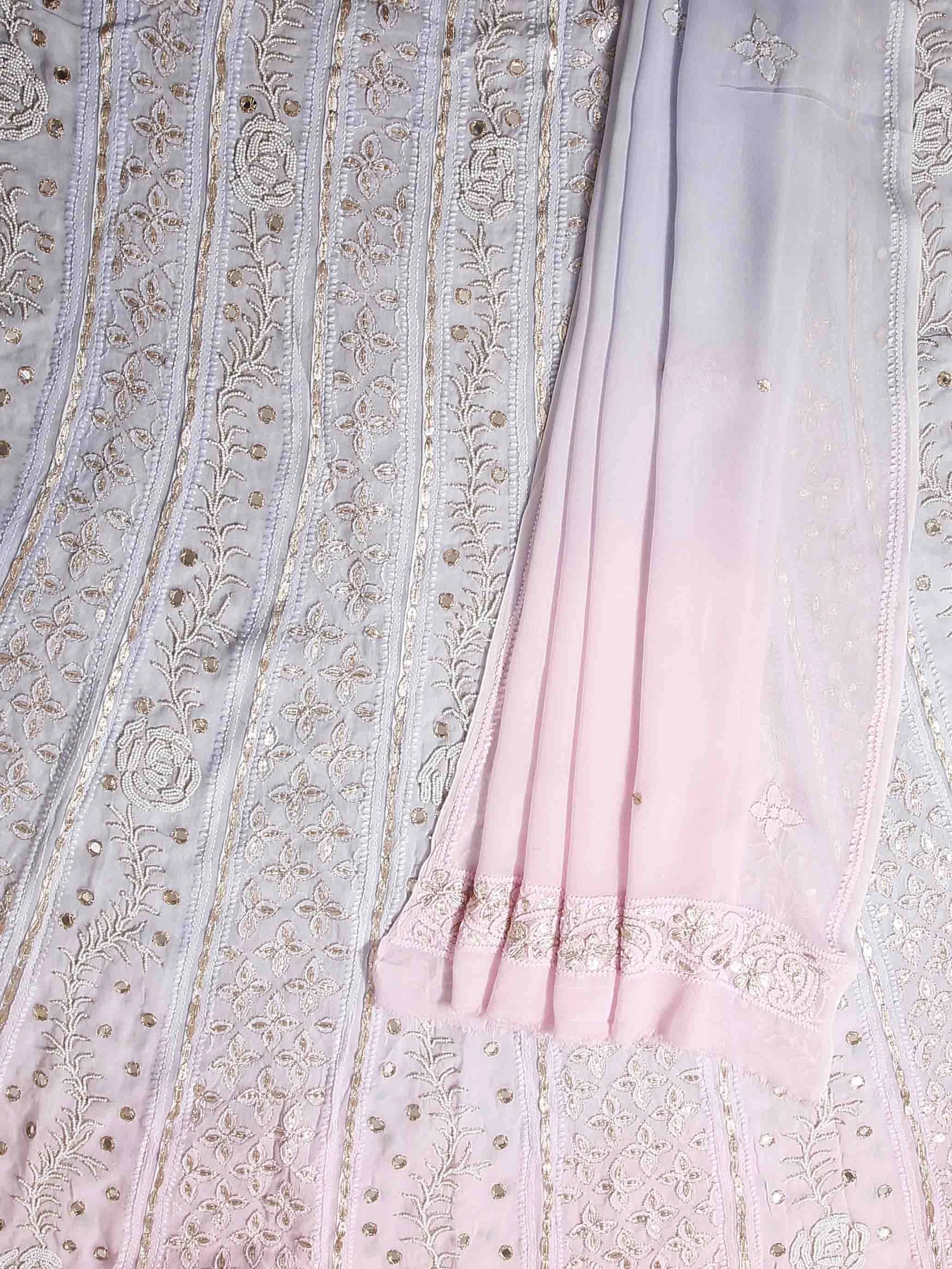 Ada Hand Embroidered Grey Ombre Shade Georgette Lucknowi Chikankari Semi-Stitched Anarkali Kurta Dupatta Set With Mirror Work 01A368668
