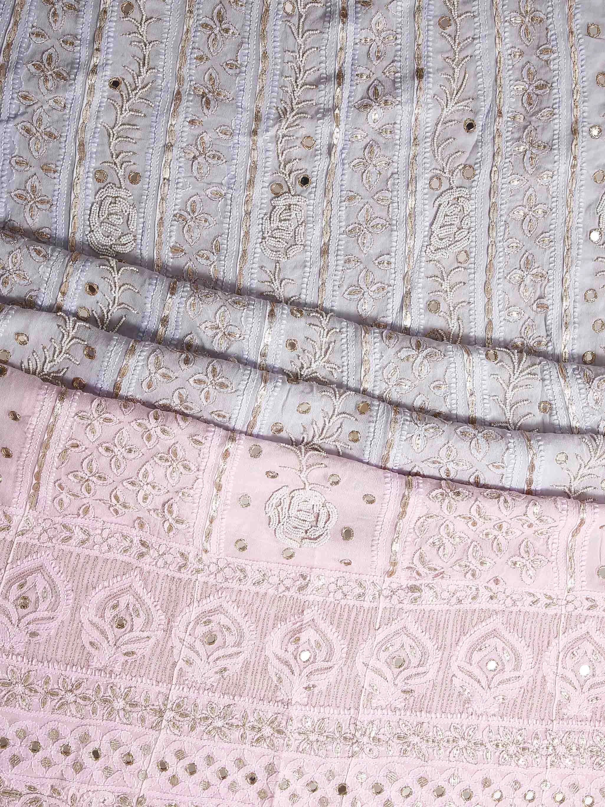 Ada Hand Embroidered Grey Ombre Shade Georgette Lucknowi Chikankari Semi-Stitched Anarkali Kurta Dupatta Set With Mirror Work 01A368668
