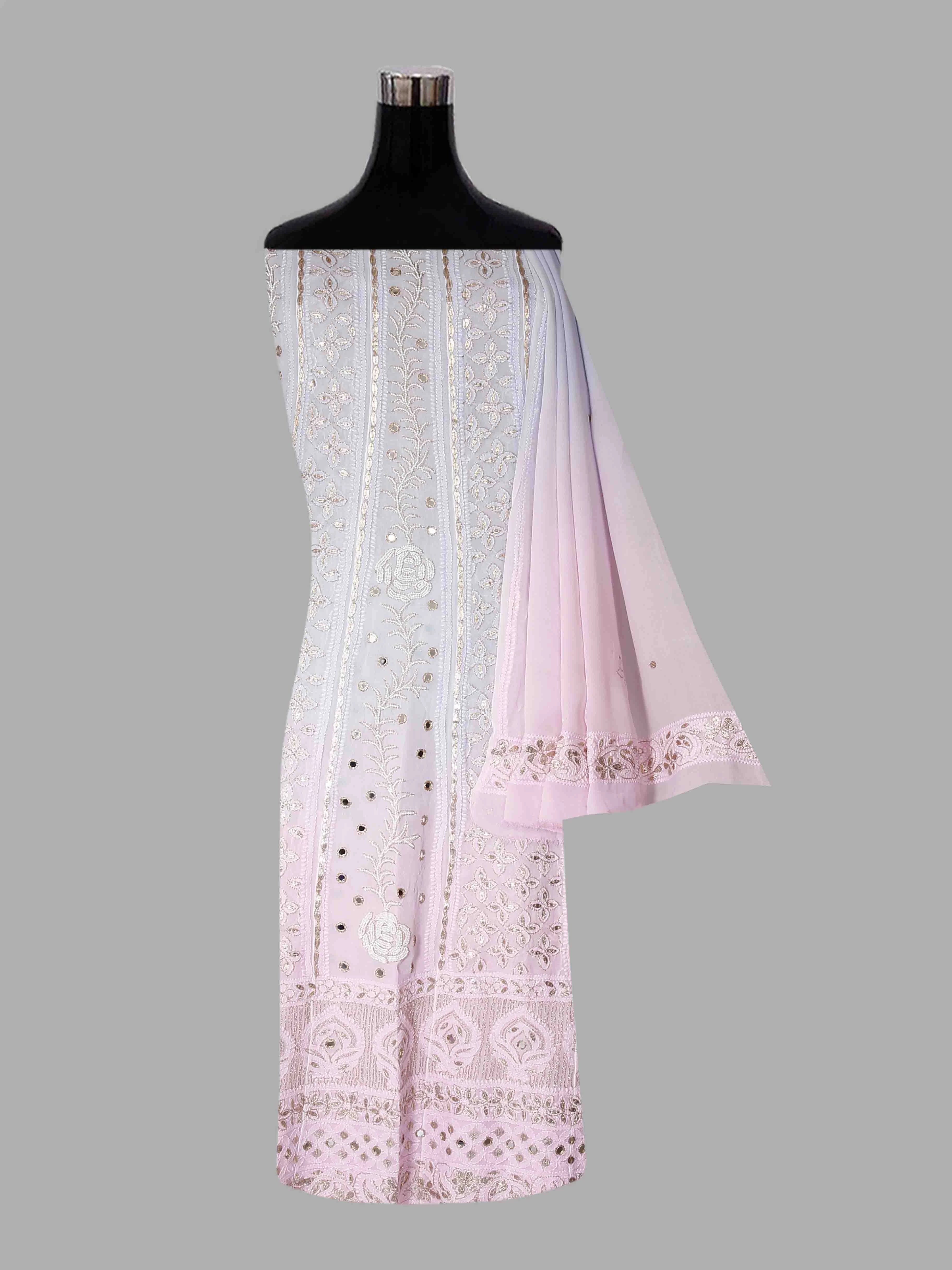 Ada Hand Embroidered Grey Ombre Shade Georgette Lucknowi Chikankari Semi-Stitched Anarkali Kurta Dupatta Set With Mirror Work 01A368668
