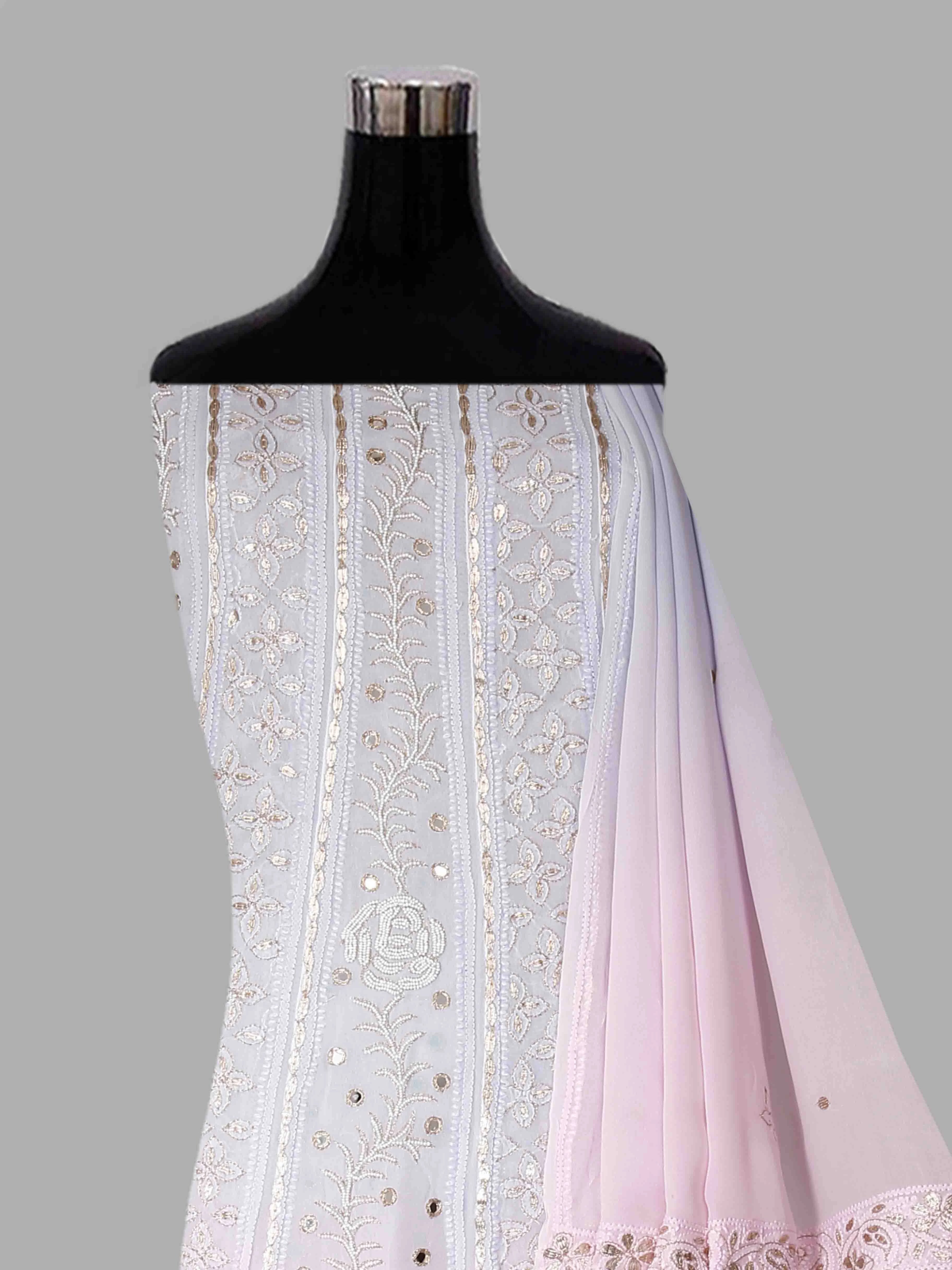 Ada Hand Embroidered Grey Ombre Shade Georgette Lucknowi Chikankari Semi-Stitched Anarkali Kurta Dupatta Set With Mirror Work 01A368668