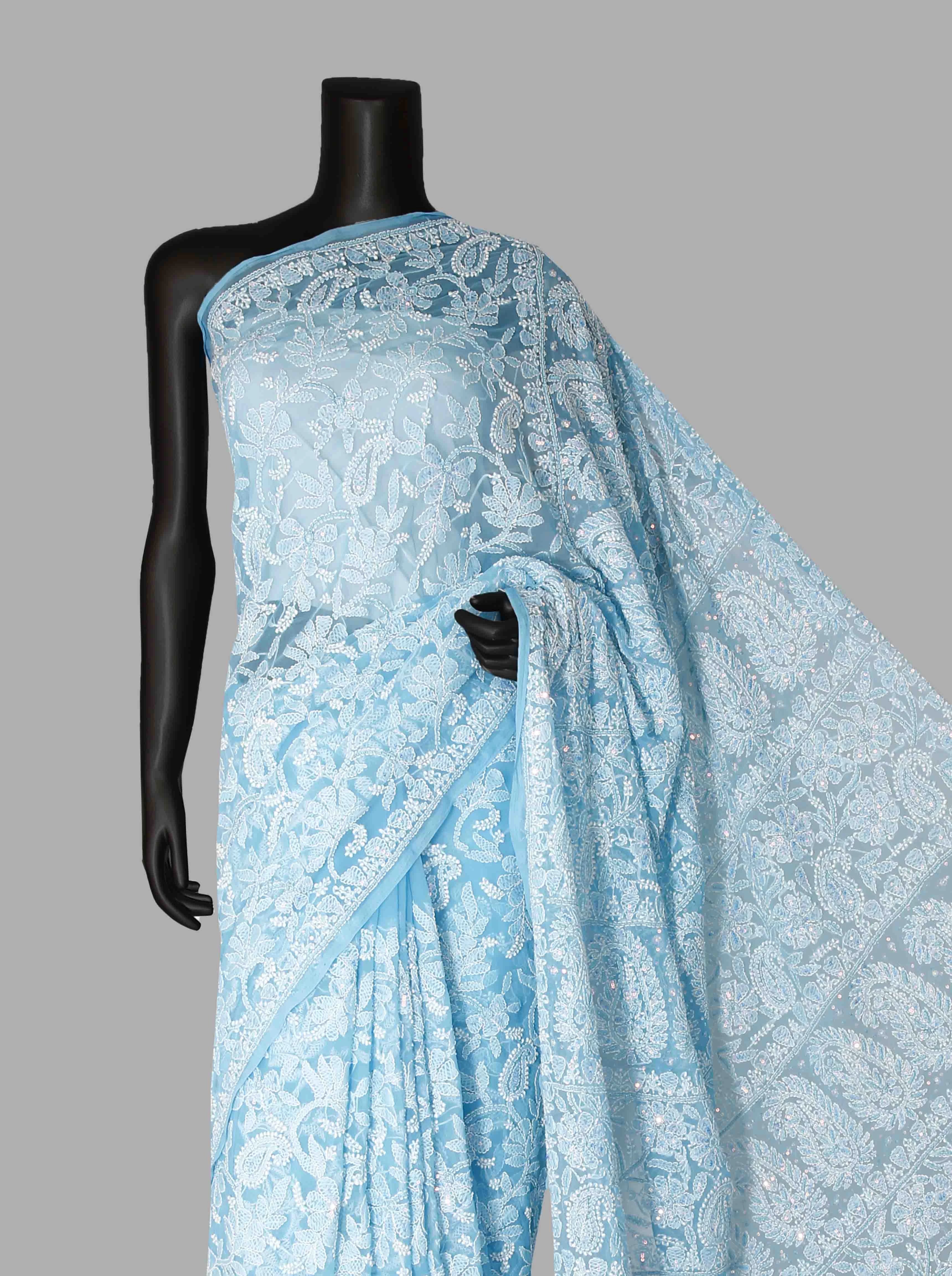 Ada Hand Embroidered Deep Sky Blue Georgette Lucknowi Chikankari Saree/Blouse With Pearl Work 01A204593