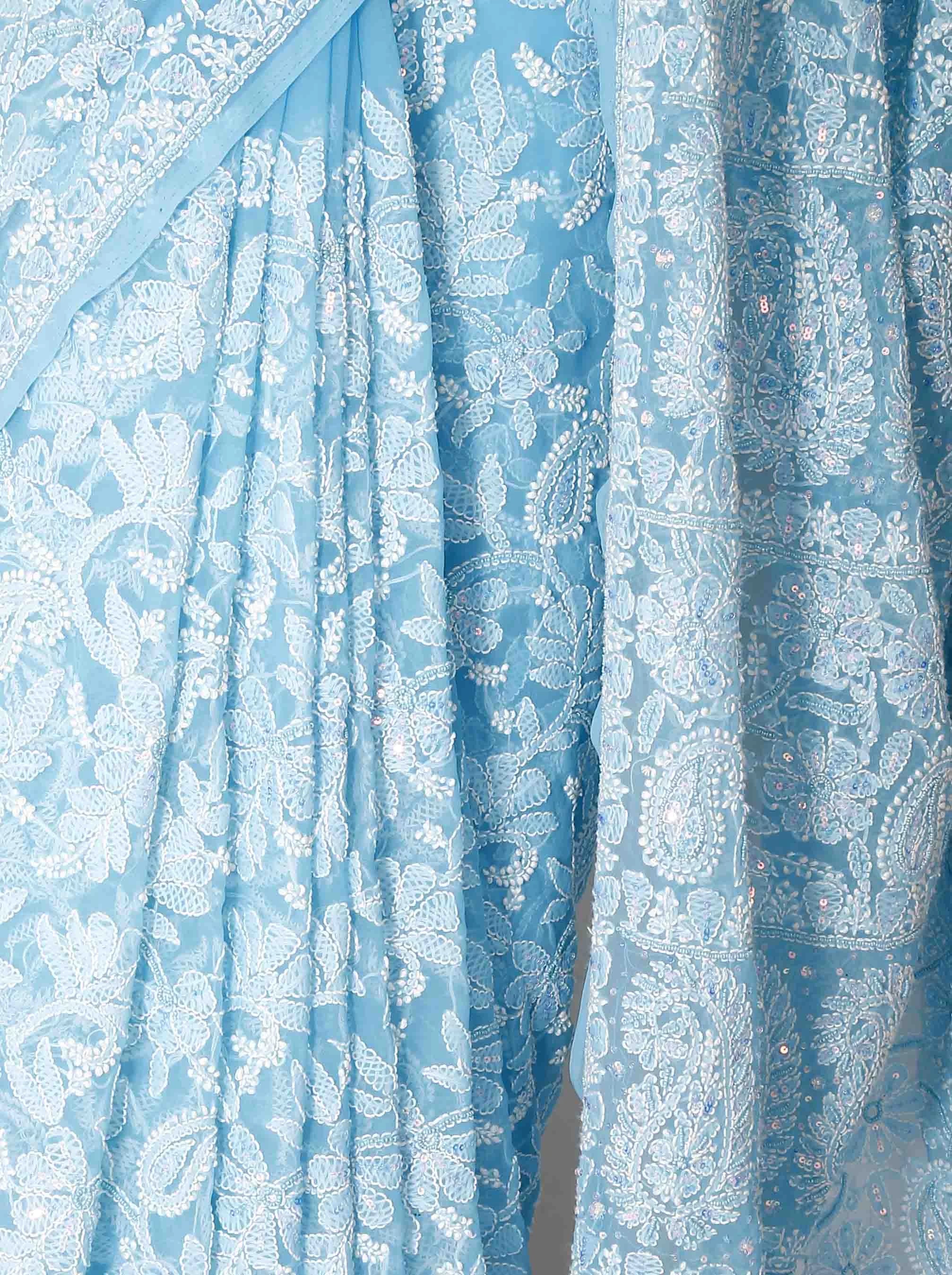 Ada Hand Embroidered Deep Sky Blue Georgette Lucknowi Chikankari Saree/Blouse With Pearl Work 01A204593