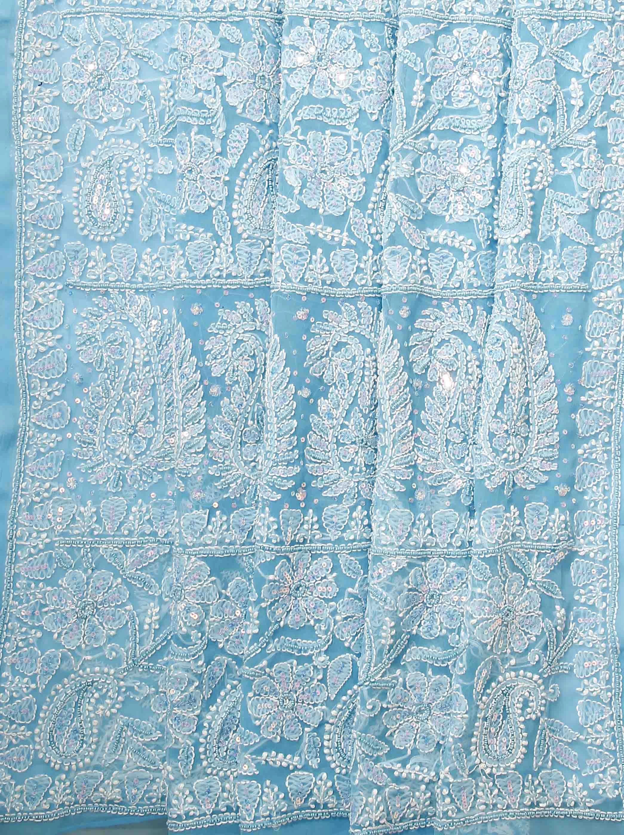 Ada Hand Embroidered Deep Sky Blue Georgette Lucknowi Chikankari Saree/Blouse With Pearl Work 01A204593