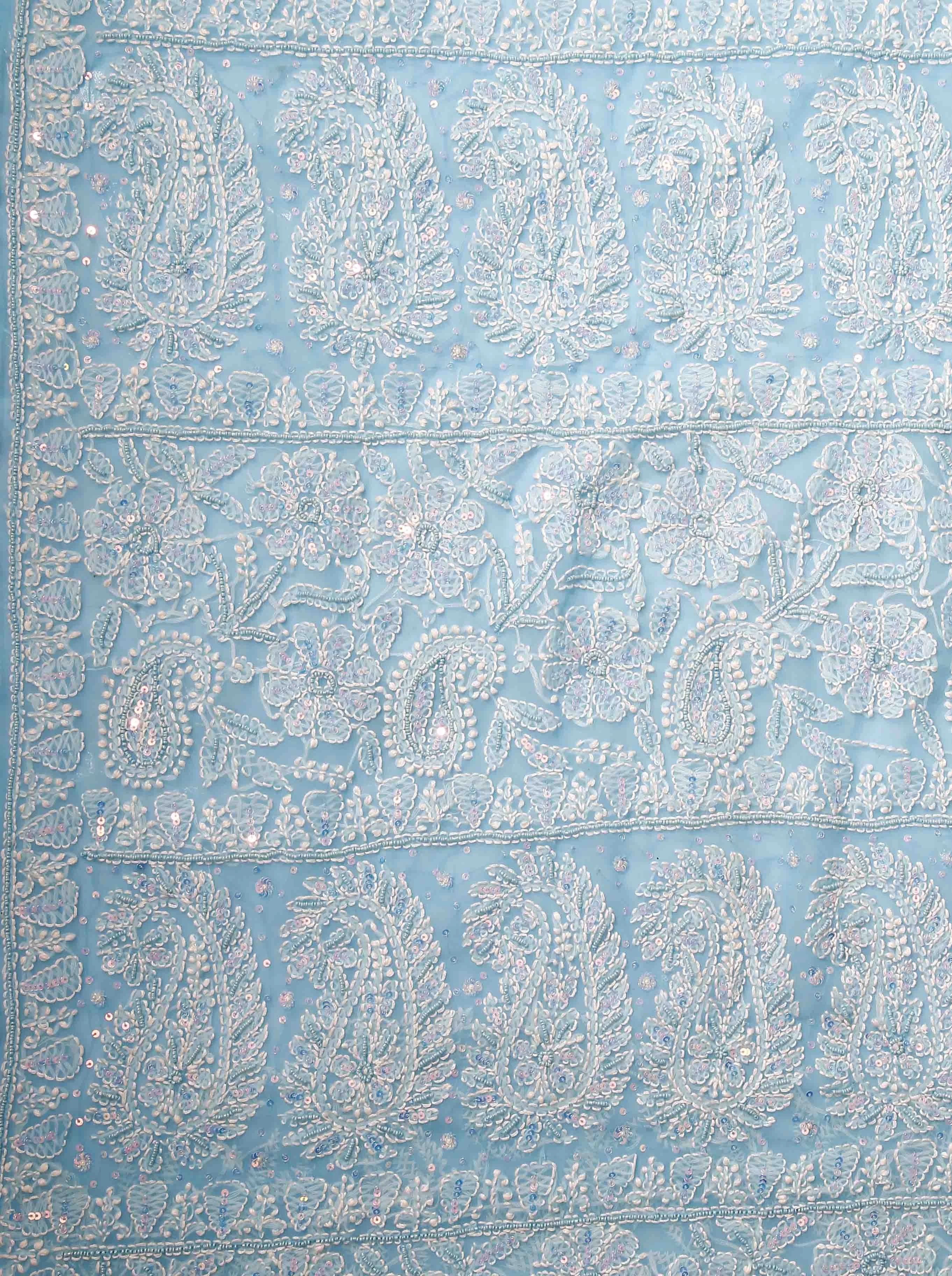 Ada Hand Embroidered Deep Sky Blue Georgette Lucknowi Chikankari Saree/Blouse With Pearl Work 01A204593