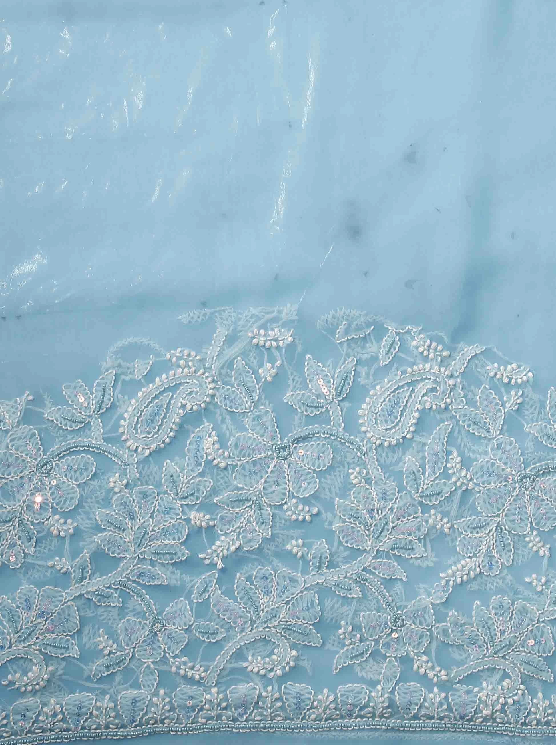 Ada Hand Embroidered Deep Sky Blue Georgette Lucknowi Chikankari Saree/Blouse With Pearl Work 01A204593