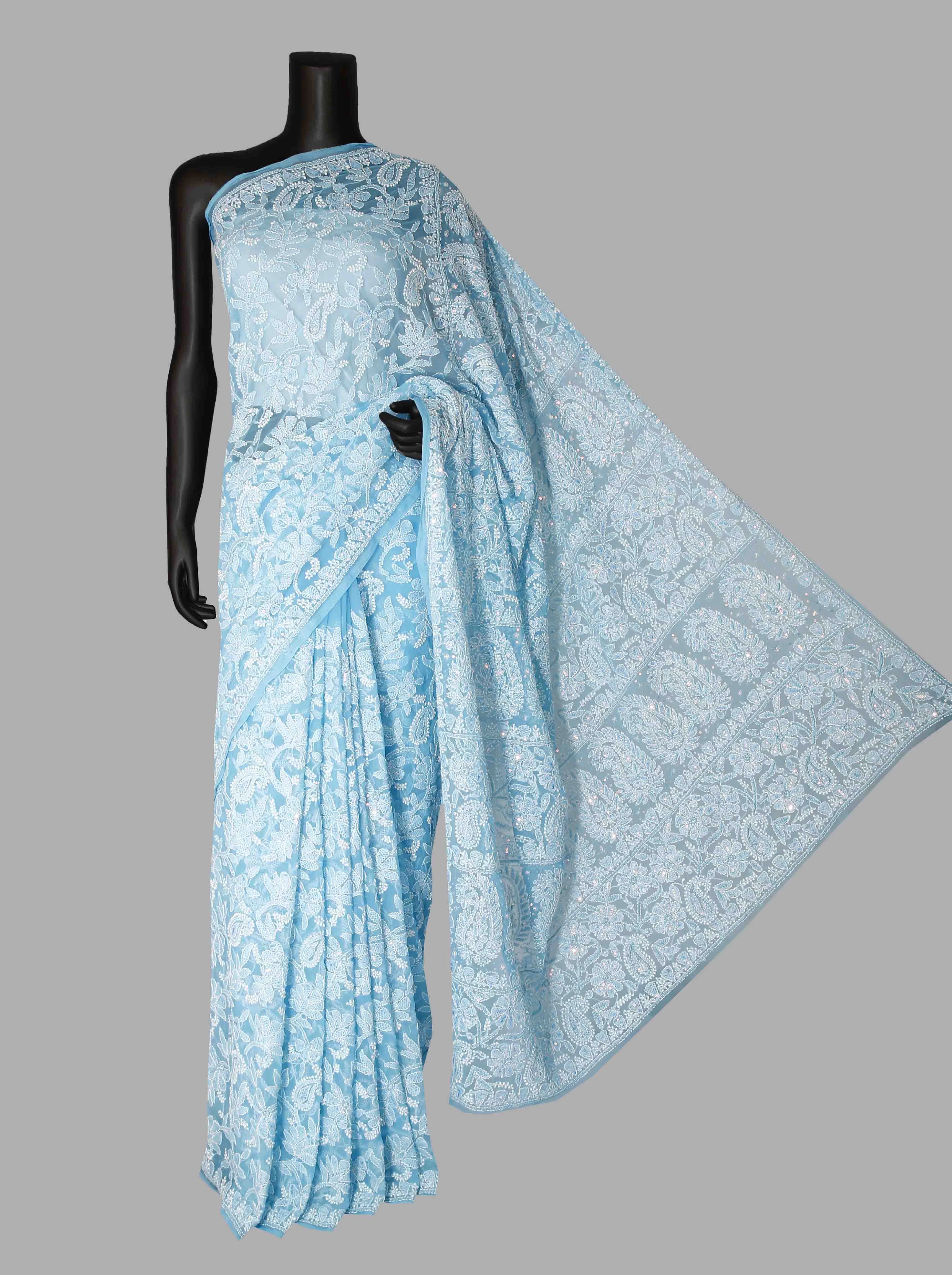 Ada Hand Embroidered Deep Sky Blue Georgette Lucknowi Chikankari Saree/Blouse With Pearl Work 01A204593