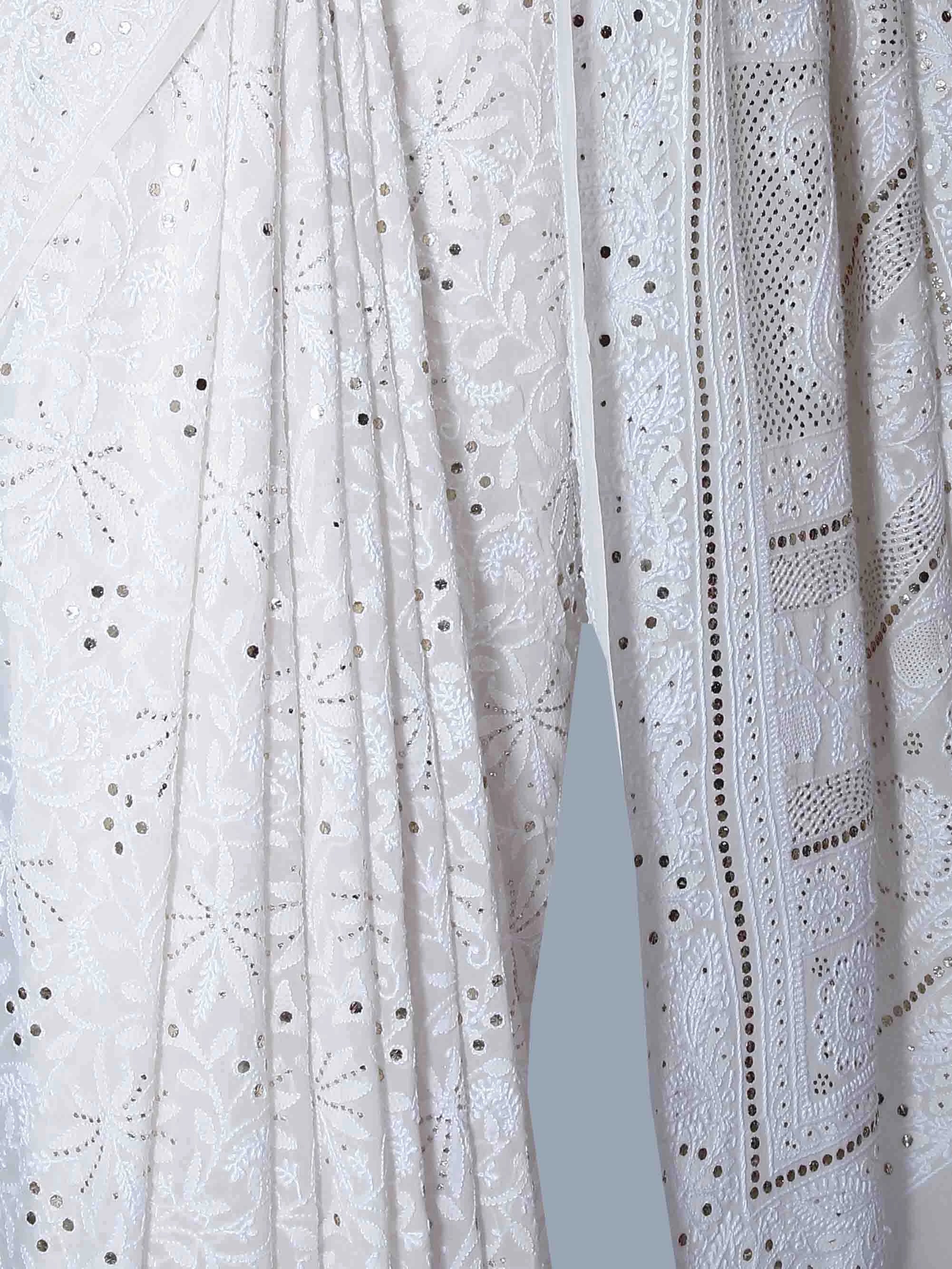 Ada Hand Embroidered Off White Pure Georgette Lucknowi Chikankari Saree/Blouse with Muqaish Work 01A418514