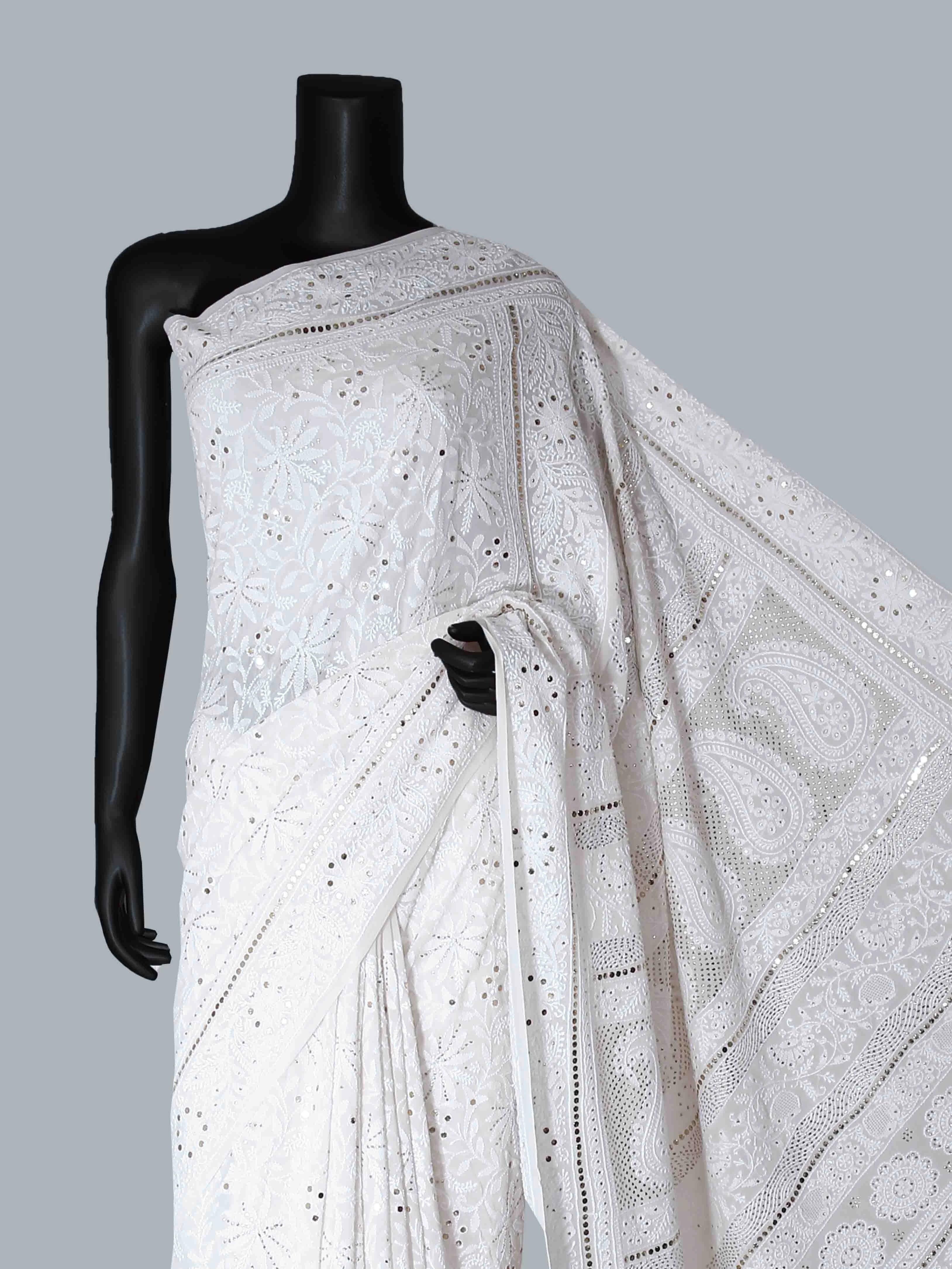 Ada Hand Embroidered Off White Pure Georgette Lucknowi Chikankari Saree/Blouse with Muqaish Work 01A418514