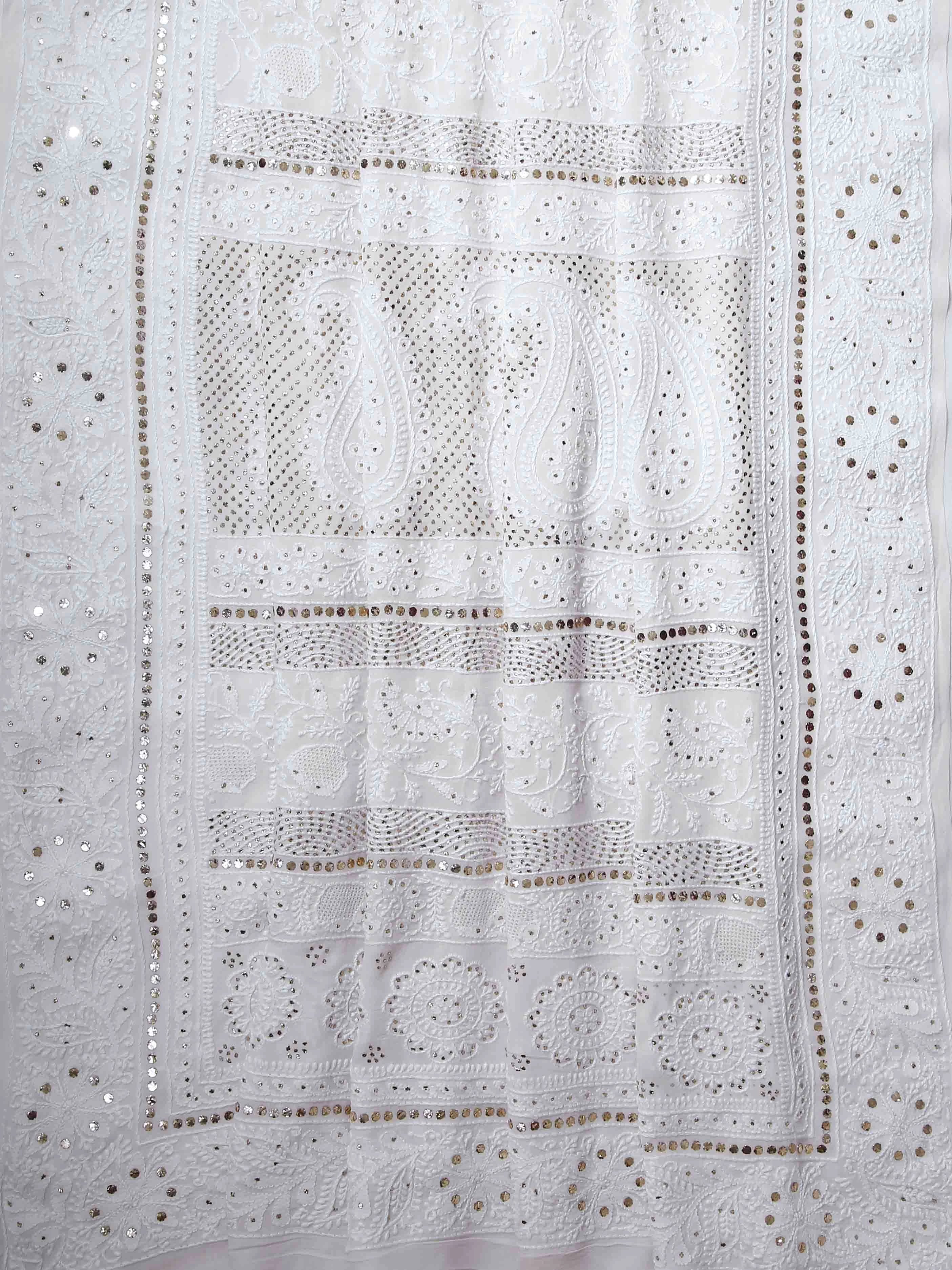 Ada Hand Embroidered Off White Pure Georgette Lucknowi Chikankari Saree/Blouse with Muqaish Work 01A418514
