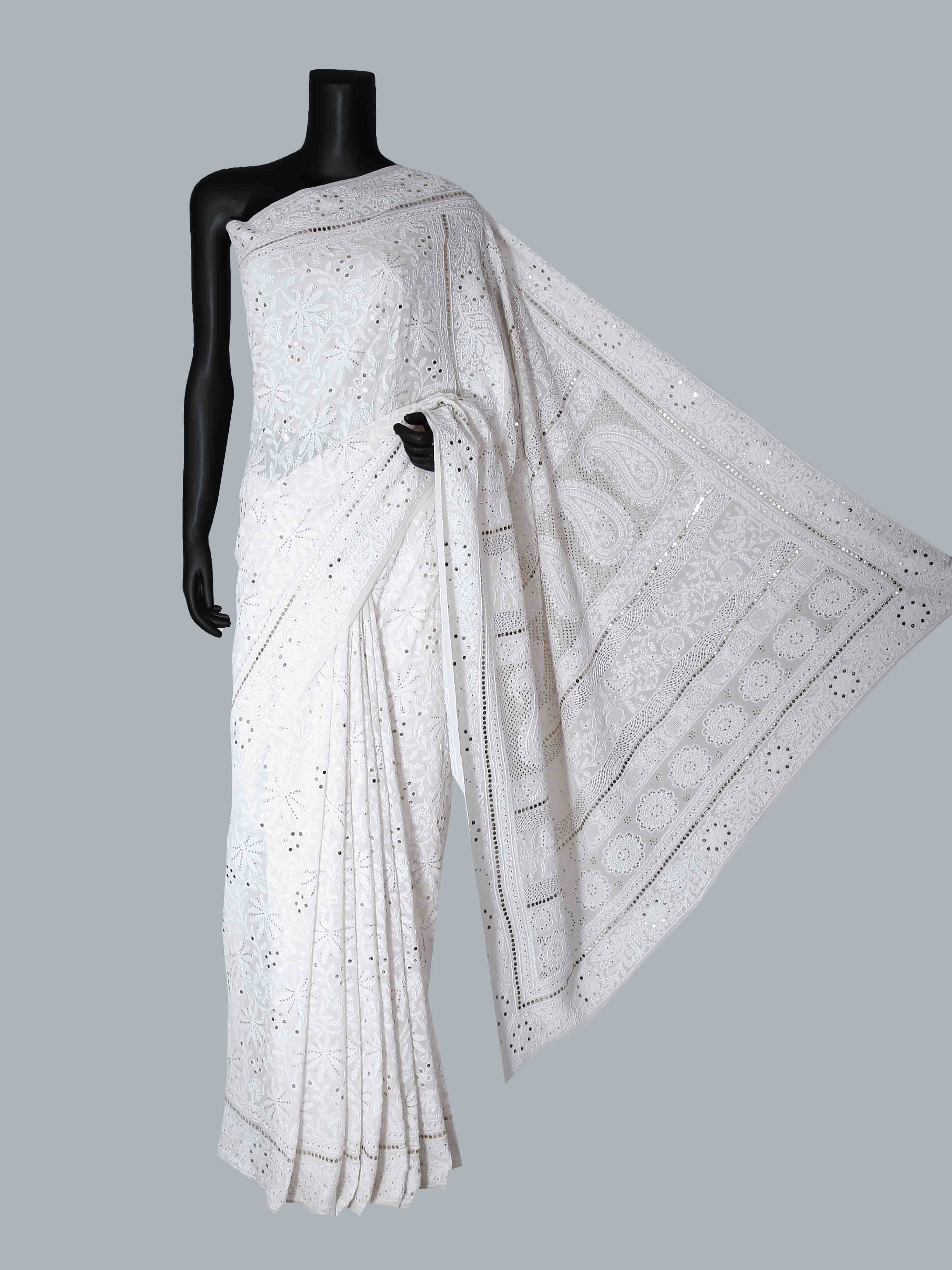 Ada Hand Embroidered Off White Pure Georgette Lucknowi Chikankari Saree/Blouse with Muqaish Work 01A418514