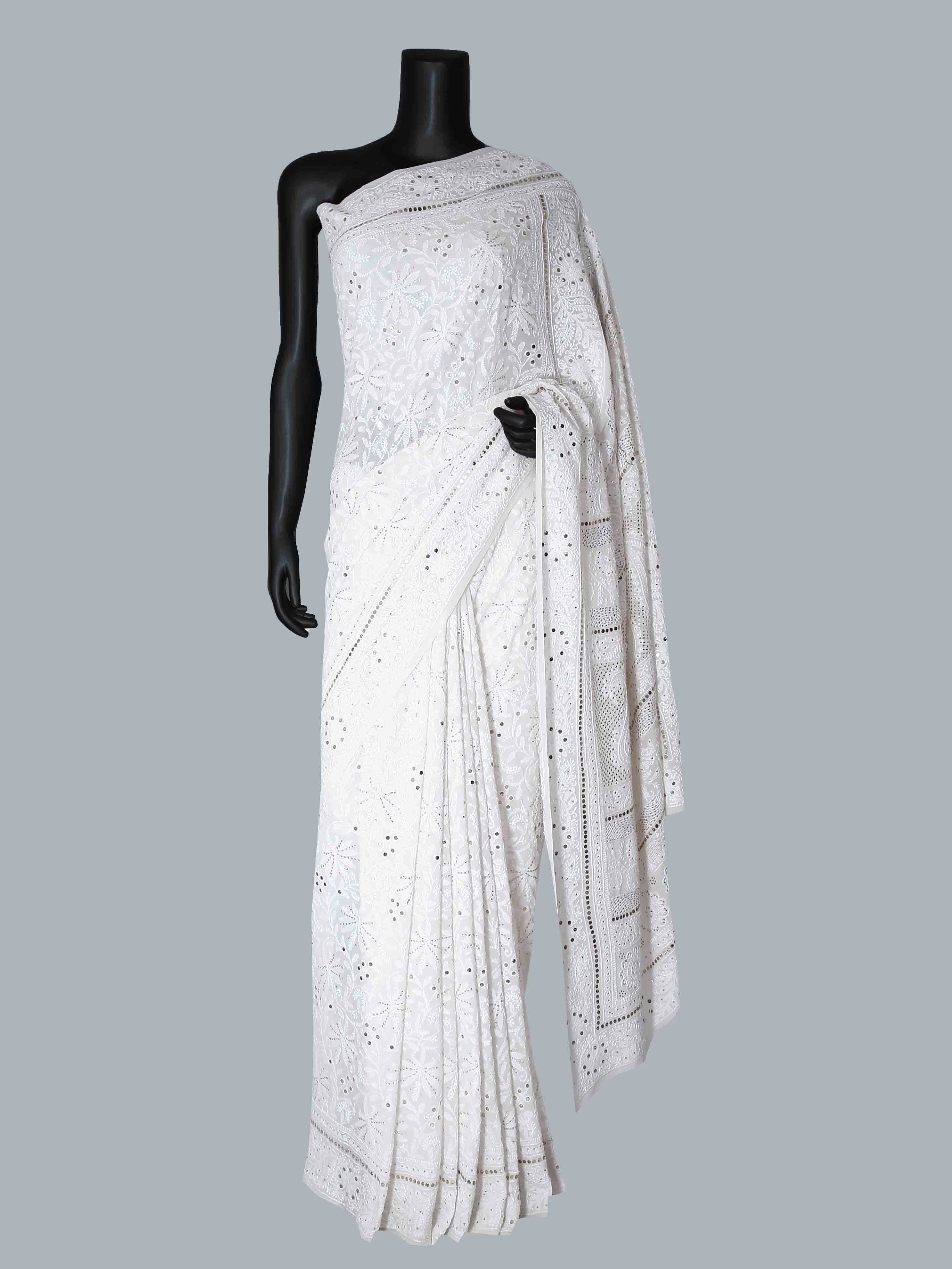 Ada Hand Embroidered Off White Pure Georgette Lucknowi Chikankari Saree/Blouse with Muqaish Work 01A418514