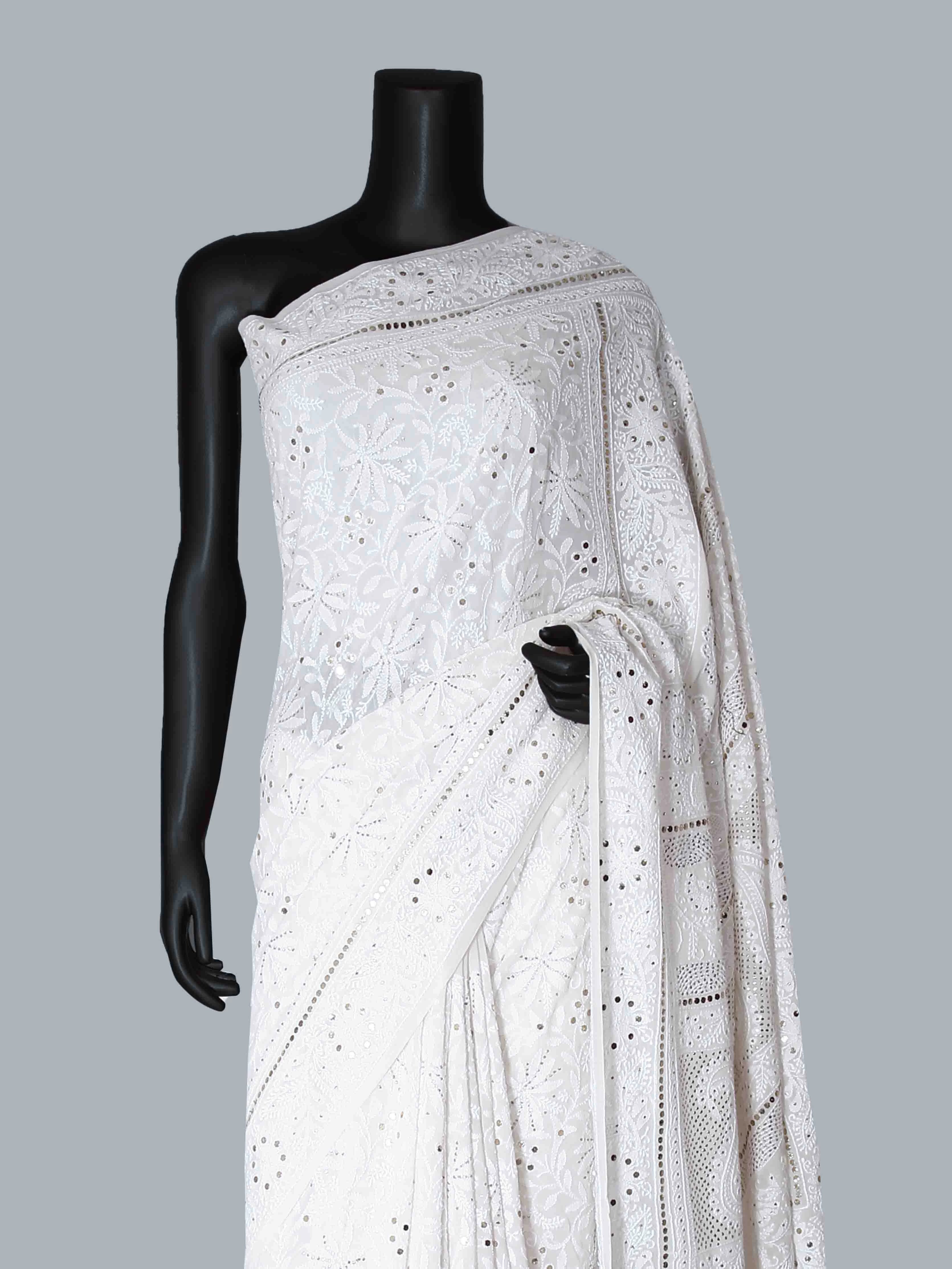 Ada Hand Embroidered Off White Pure Georgette Lucknowi Chikankari Saree/Blouse with Muqaish Work 01A418514