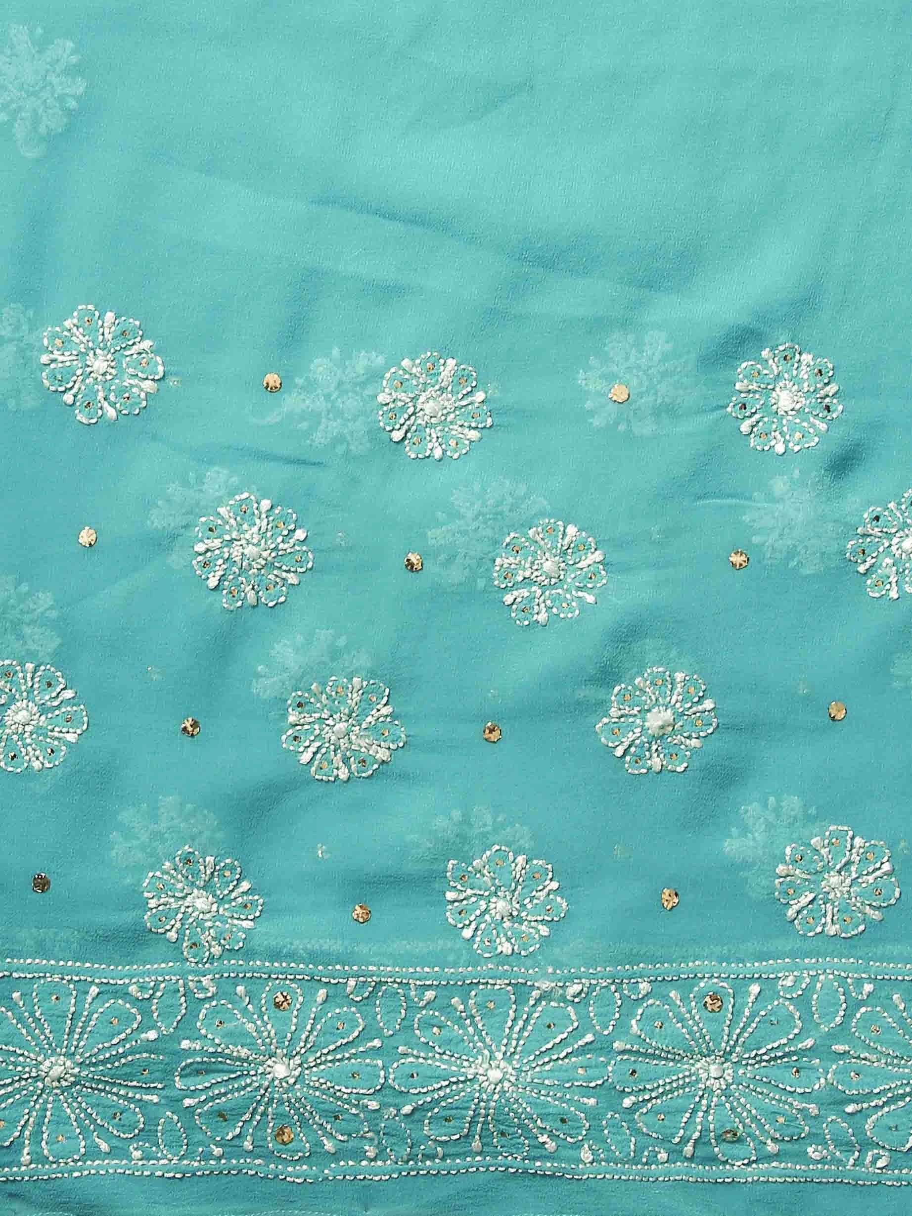 Ada Hand Embroidered Cerulean Blue Pure Georgette Lucknowi Chikankari Saree/Blouse With Mukaish Work 01A100835