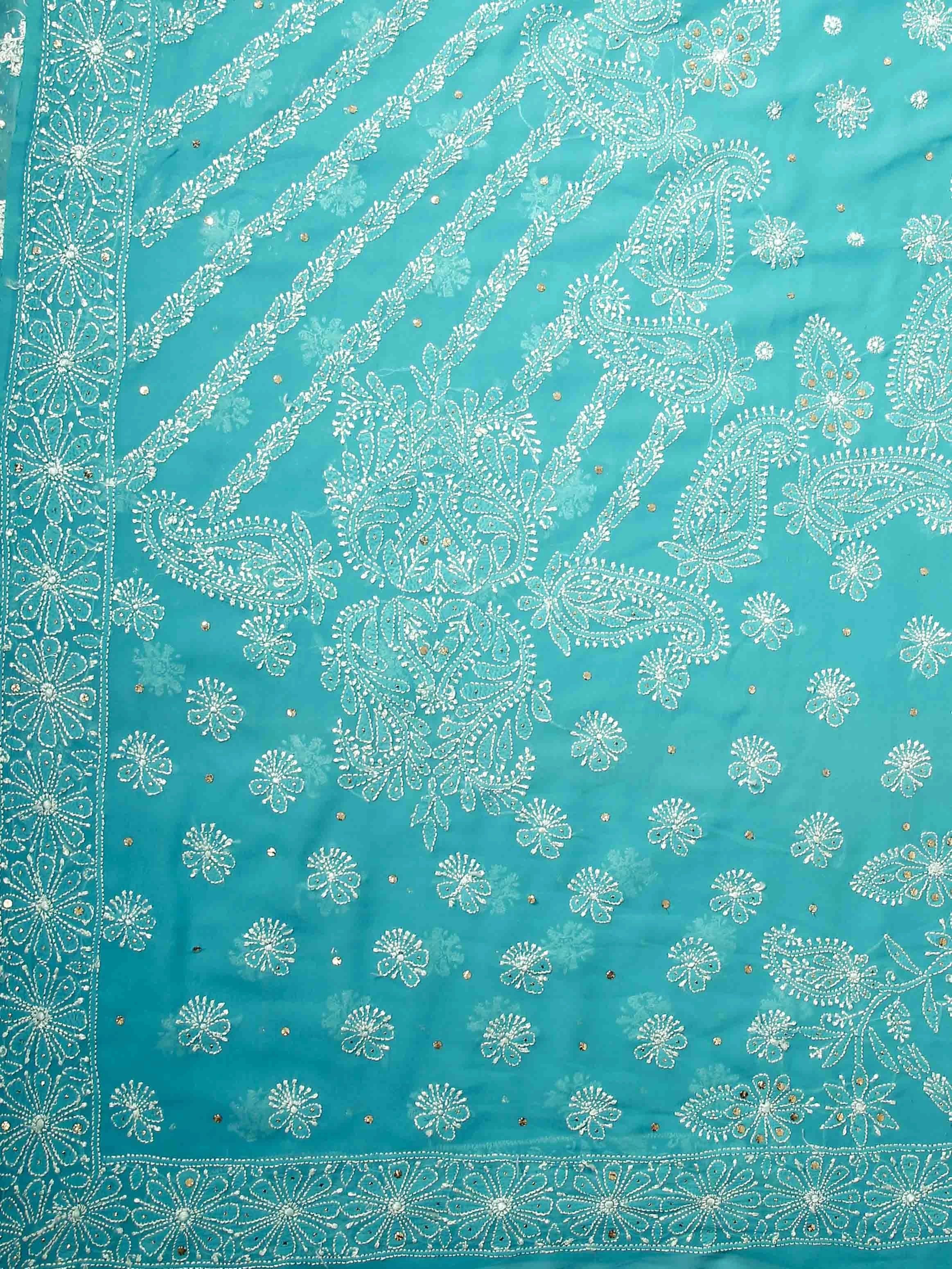 Ada Hand Embroidered Cerulean Blue Pure Georgette Lucknowi Chikankari Saree/Blouse With Mukaish Work 01A100835