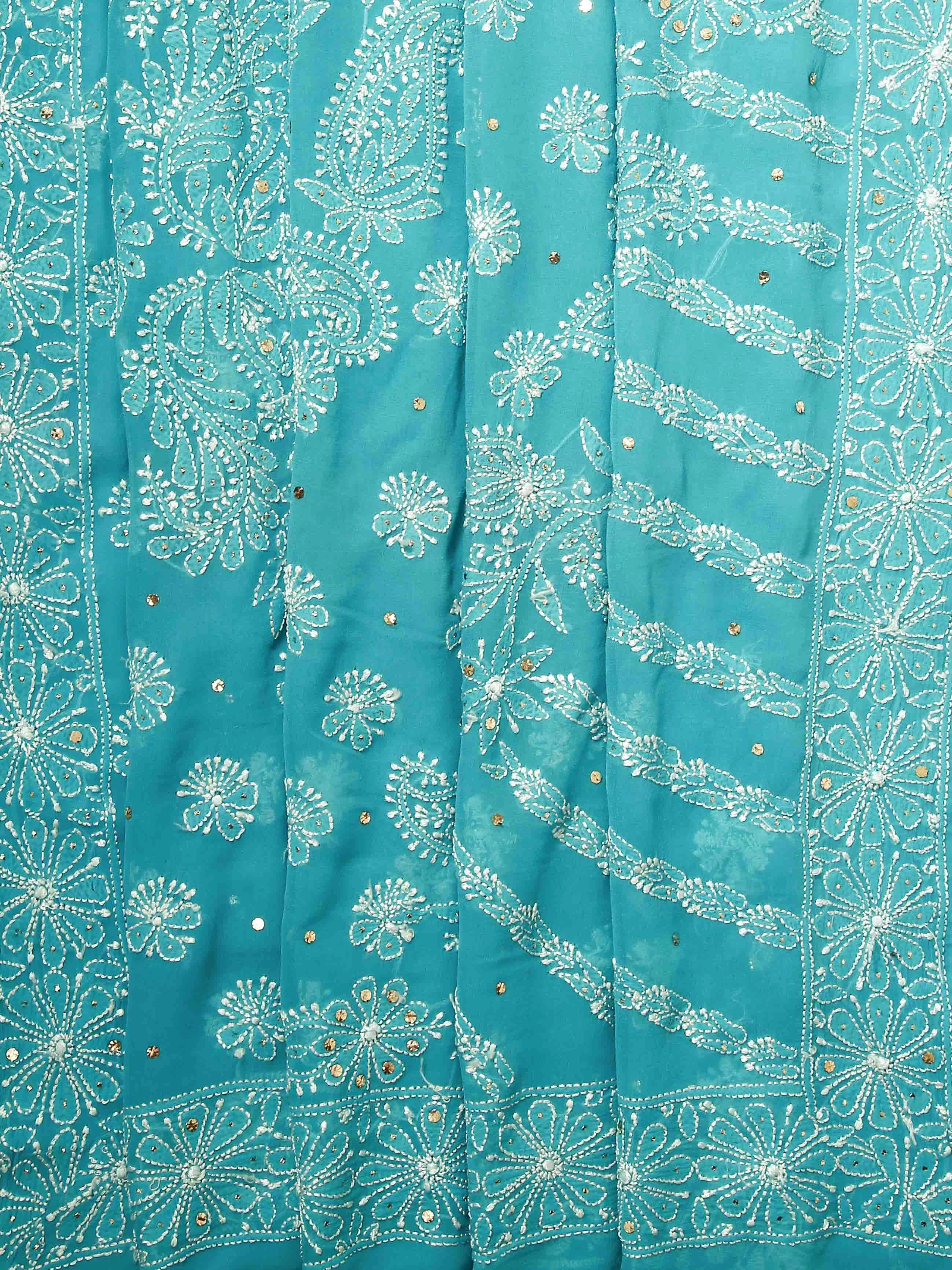 Ada Hand Embroidered Cerulean Blue Pure Georgette Lucknowi Chikankari Saree/Blouse With Mukaish Work 01A100835