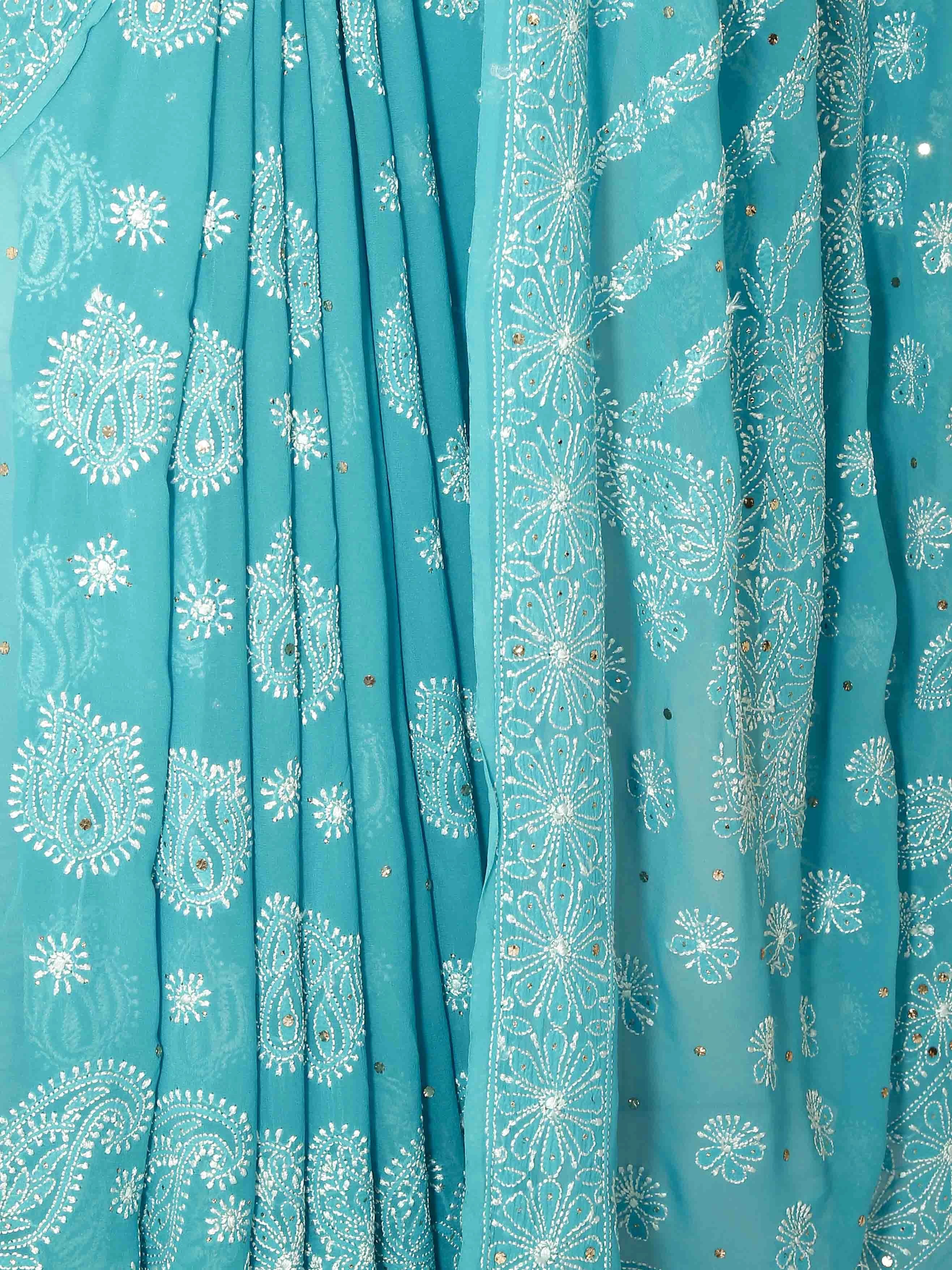 Ada Hand Embroidered Cerulean Blue Pure Georgette Lucknowi Chikankari Saree/Blouse With Mukaish Work 01A100835