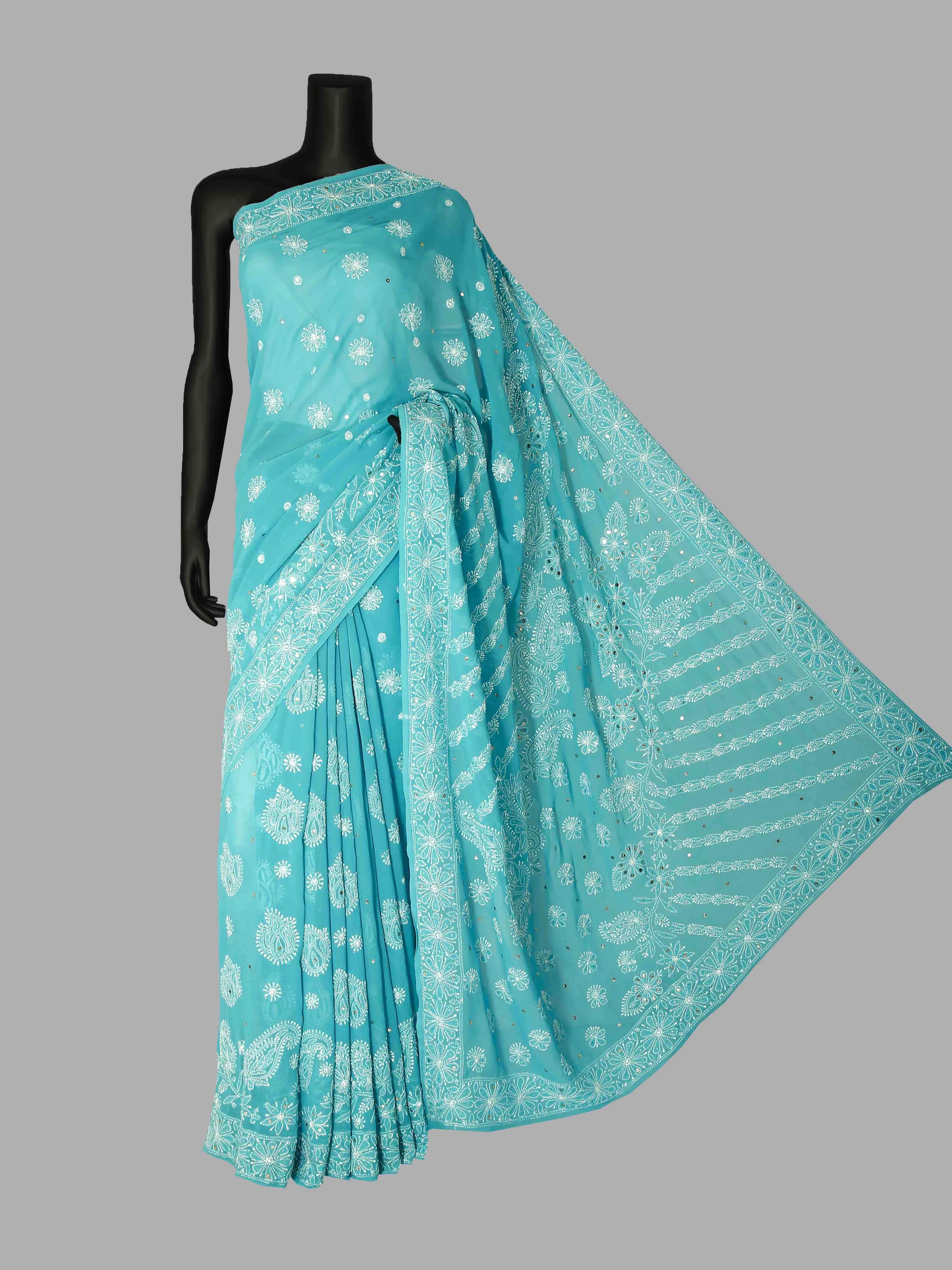 Ada Hand Embroidered Cerulean Blue Pure Georgette Lucknowi Chikankari Saree/Blouse With Mukaish Work 01A100835