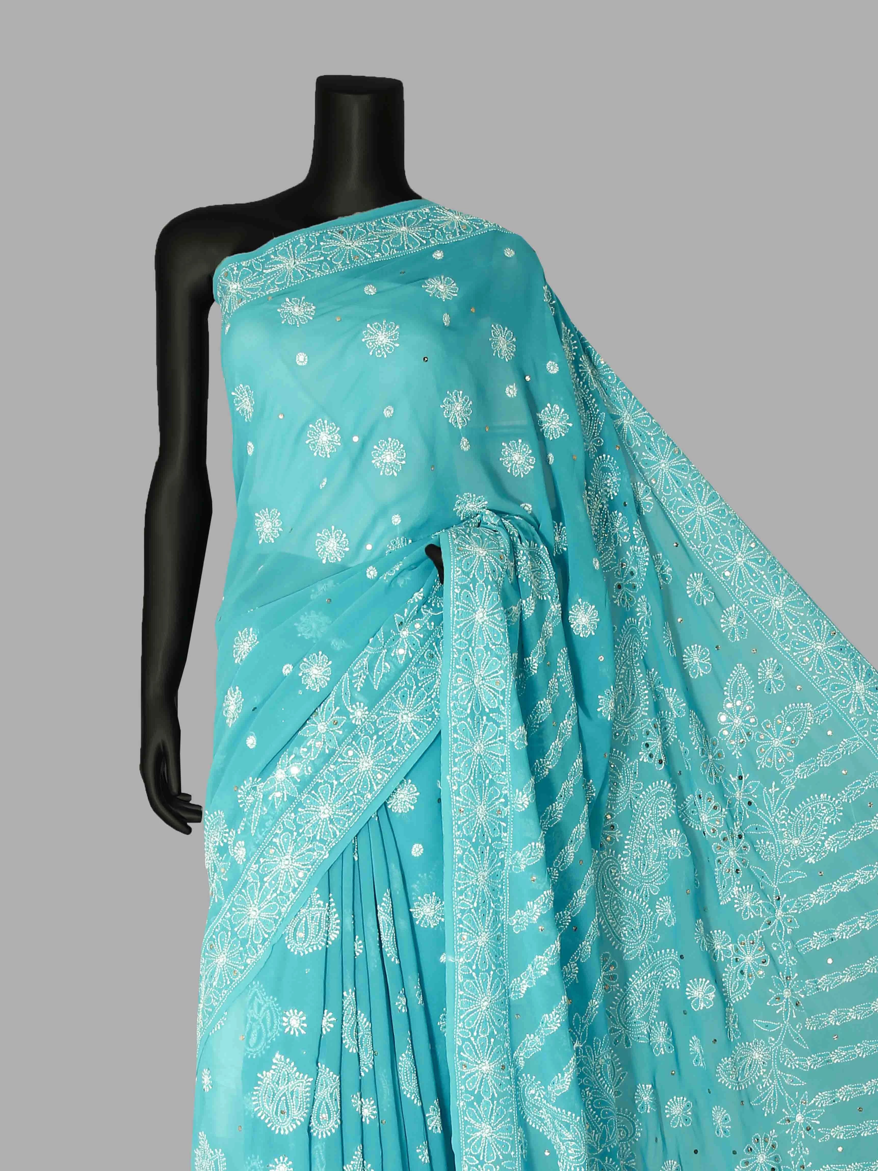 Ada Hand Embroidered Cerulean Blue Pure Georgette Lucknowi Chikankari Saree/Blouse With Mukaish Work 01A100835