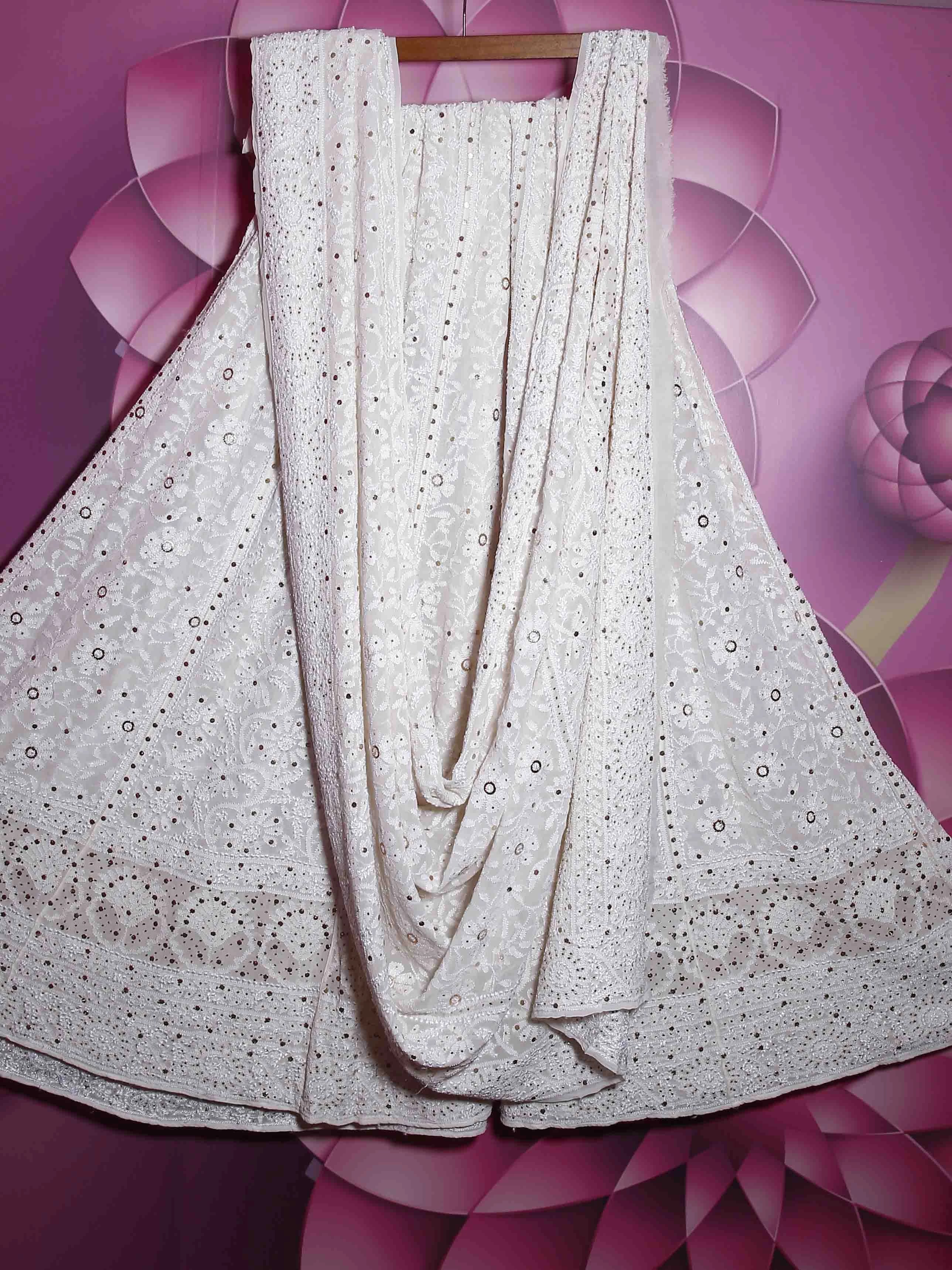 Ada Hand Embroidered Ivory White Pure Georgette Lucknowi Chikankari Lehenga Set With Muqaish Work 01A388217