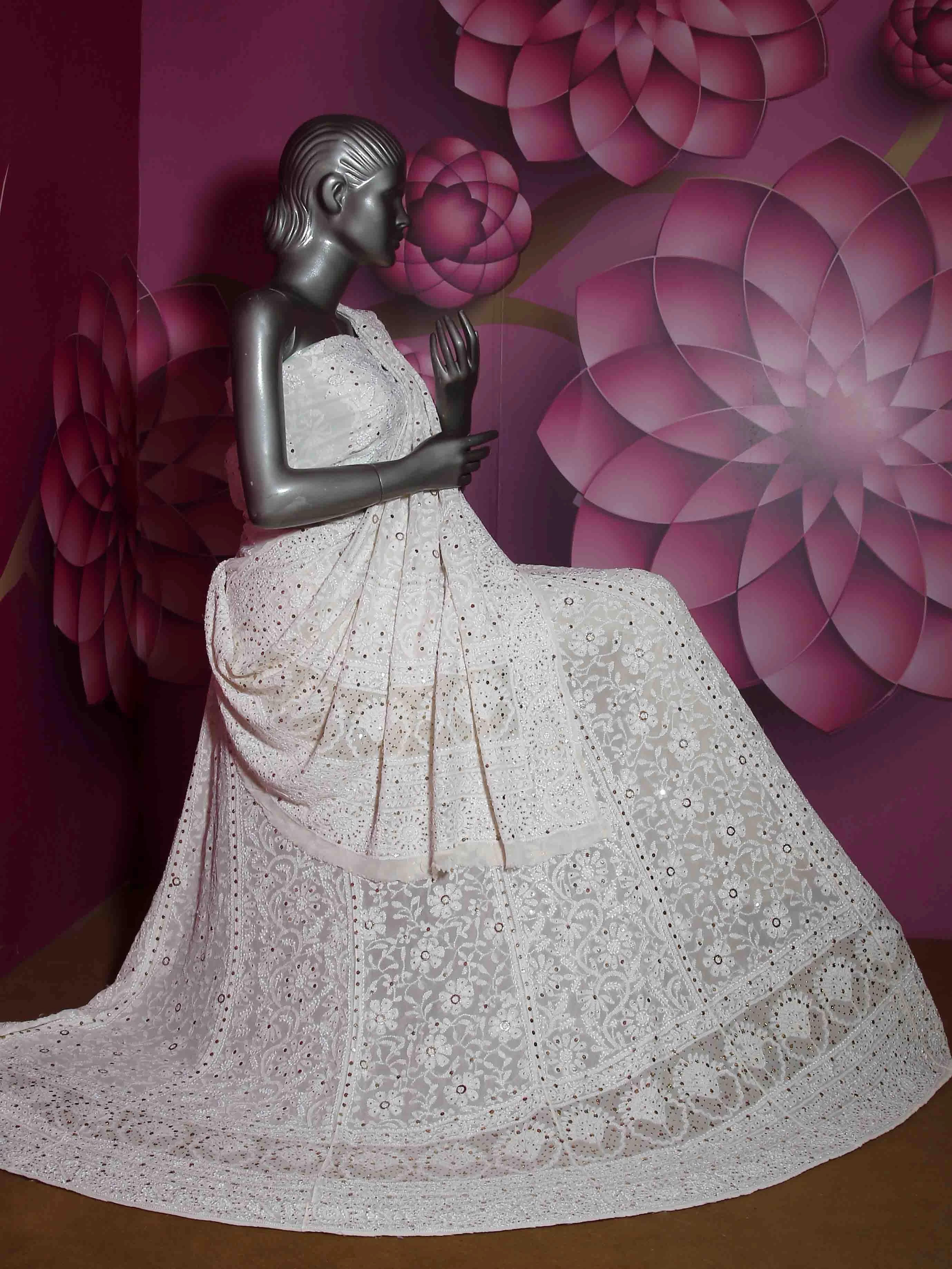 Ada Hand Embroidered Ivory White Pure Georgette Lucknowi Chikankari Lehenga Set With Muqaish Work 01A388217