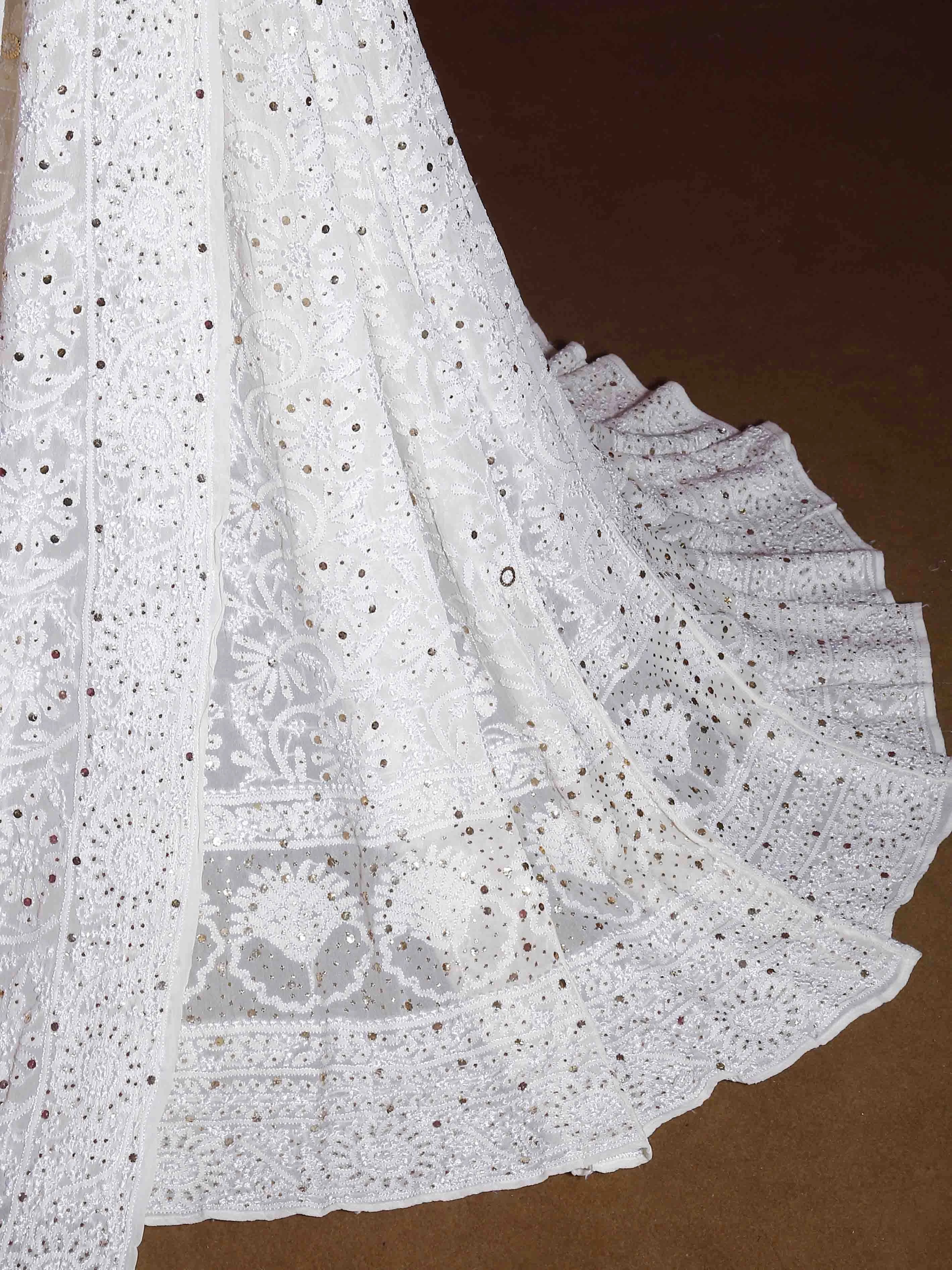 Ada Hand Embroidered Ivory White Pure Georgette Lucknowi Chikankari Lehenga Set With Muqaish Work 01A388217