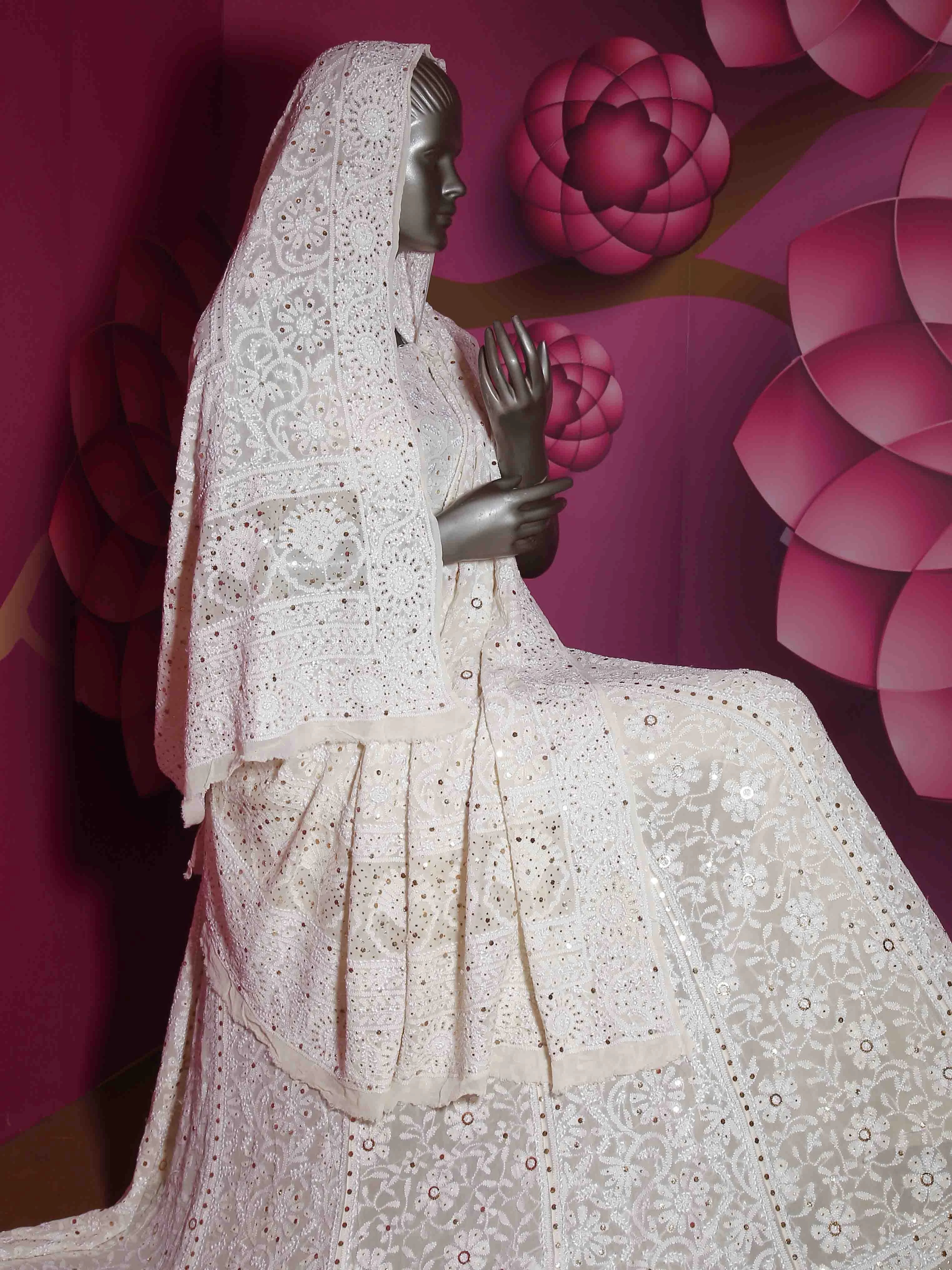 Ada Hand Embroidered Ivory White Pure Georgette Lucknowi Chikankari Lehenga Set With Muqaish Work 01A388217