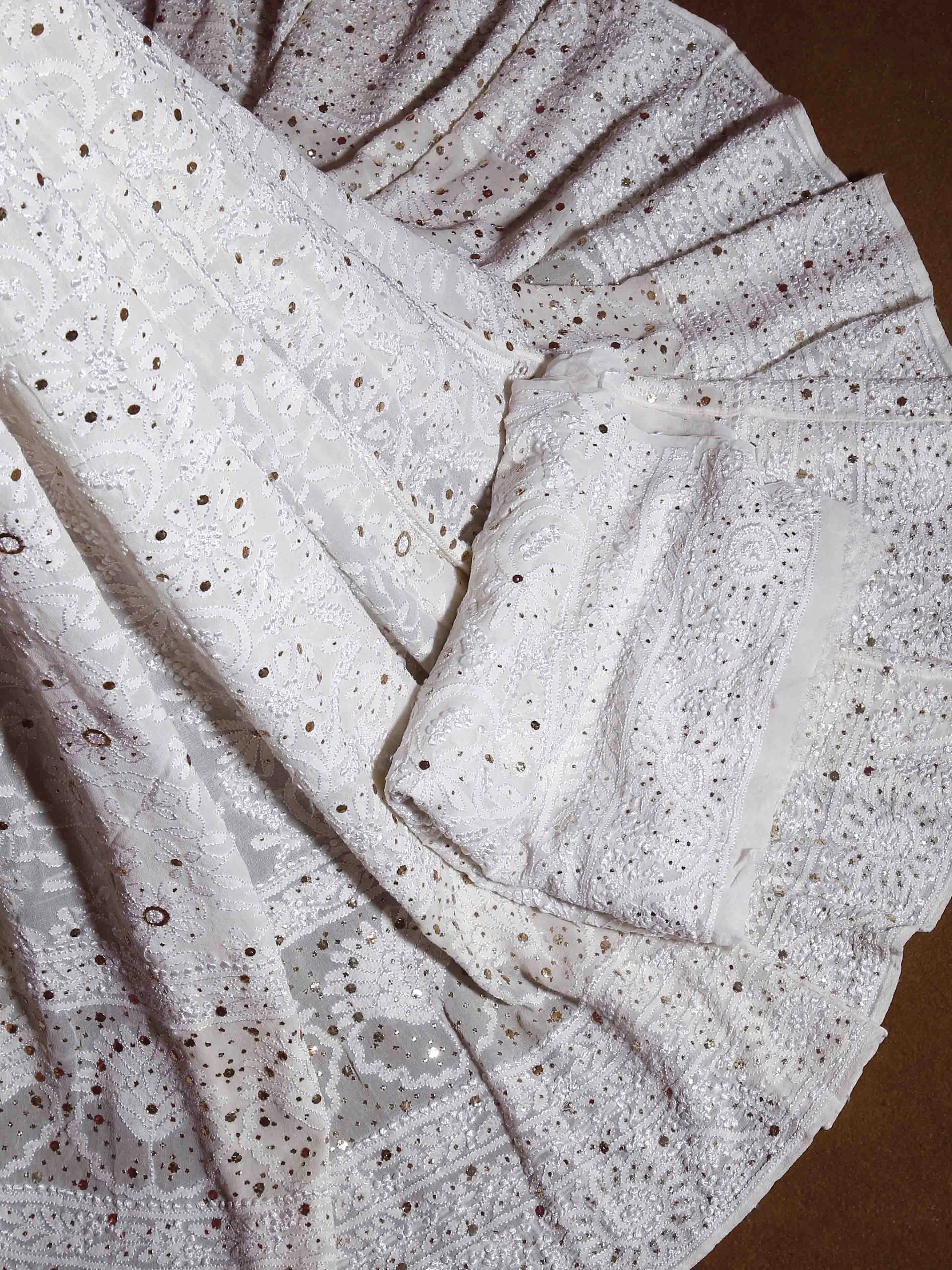 Ada Hand Embroidered Ivory White Pure Georgette Lucknowi Chikankari Lehenga Set With Muqaish Work 01A388217