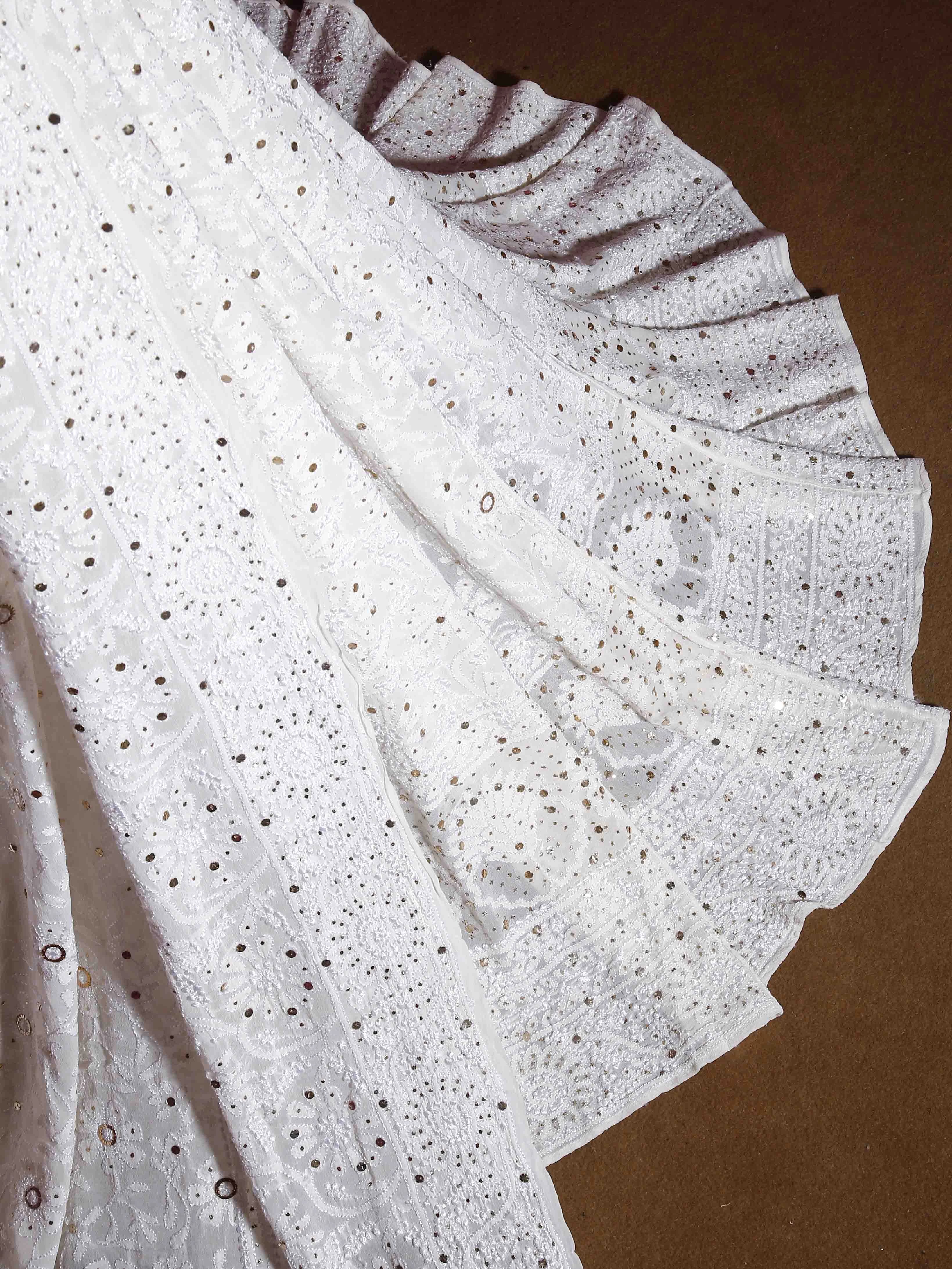 Ada Hand Embroidered Ivory White Pure Georgette Lucknowi Chikankari Lehenga Set With Muqaish Work 01A388217