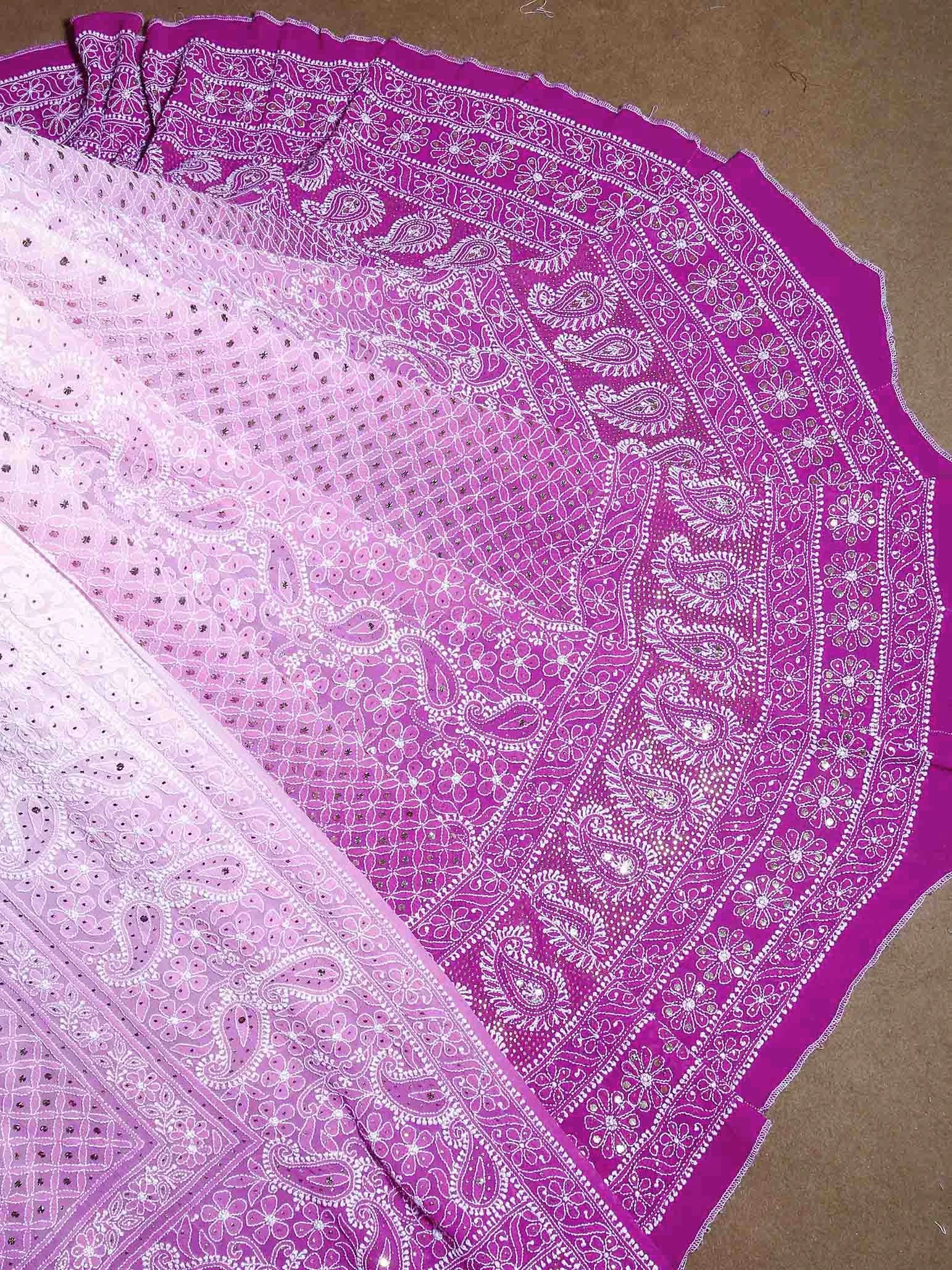Ada Hand Embroidered Ombre Shade Of Pink Pure Georgette Lucknowi Chikankari Lehenga Set With Muqaish Work A610156