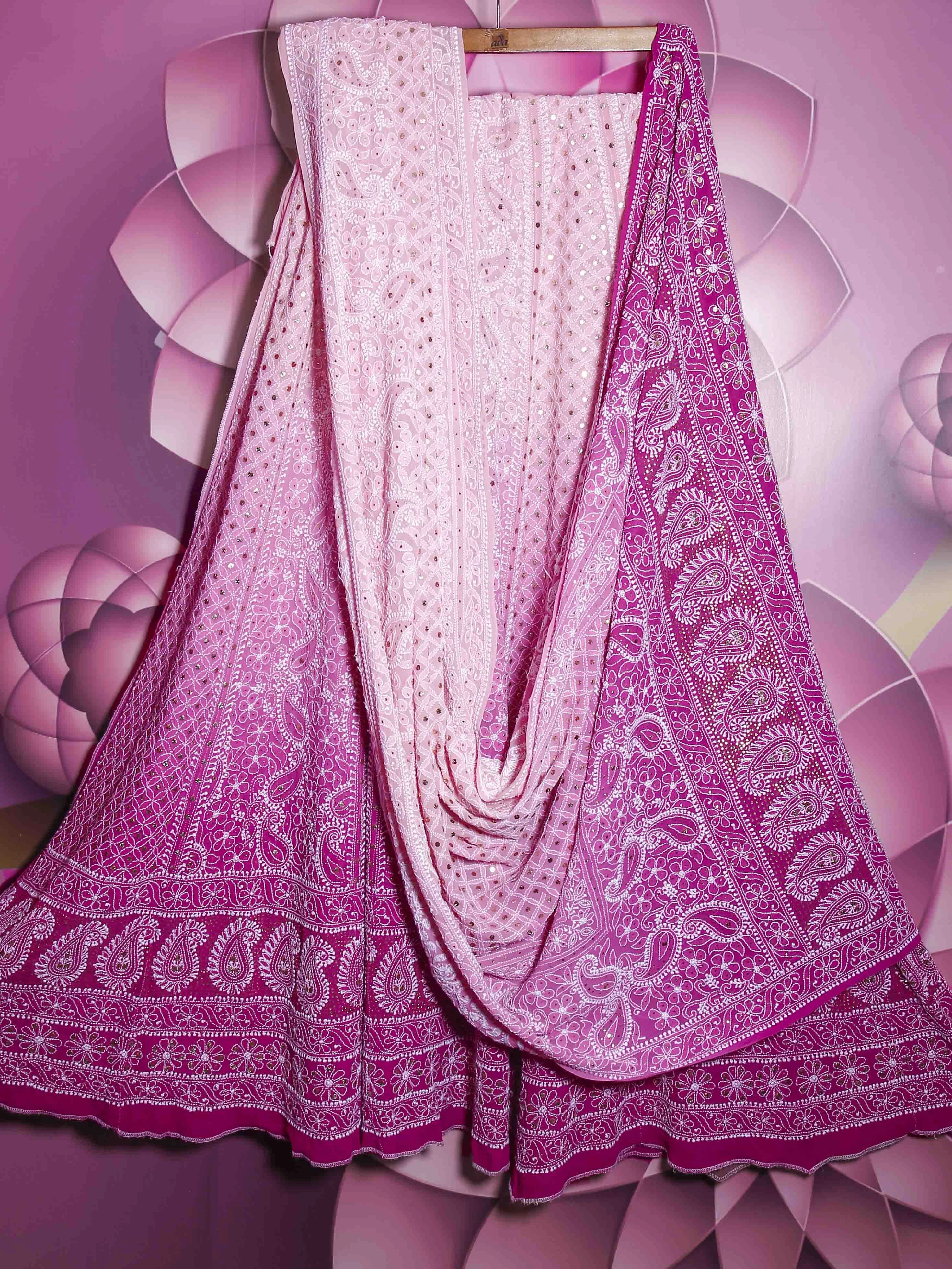 Ada Hand Embroidered Ombre Shade Of Pink Pure Georgette Lucknowi Chikankari Lehenga Set With Muqaish Work A610156