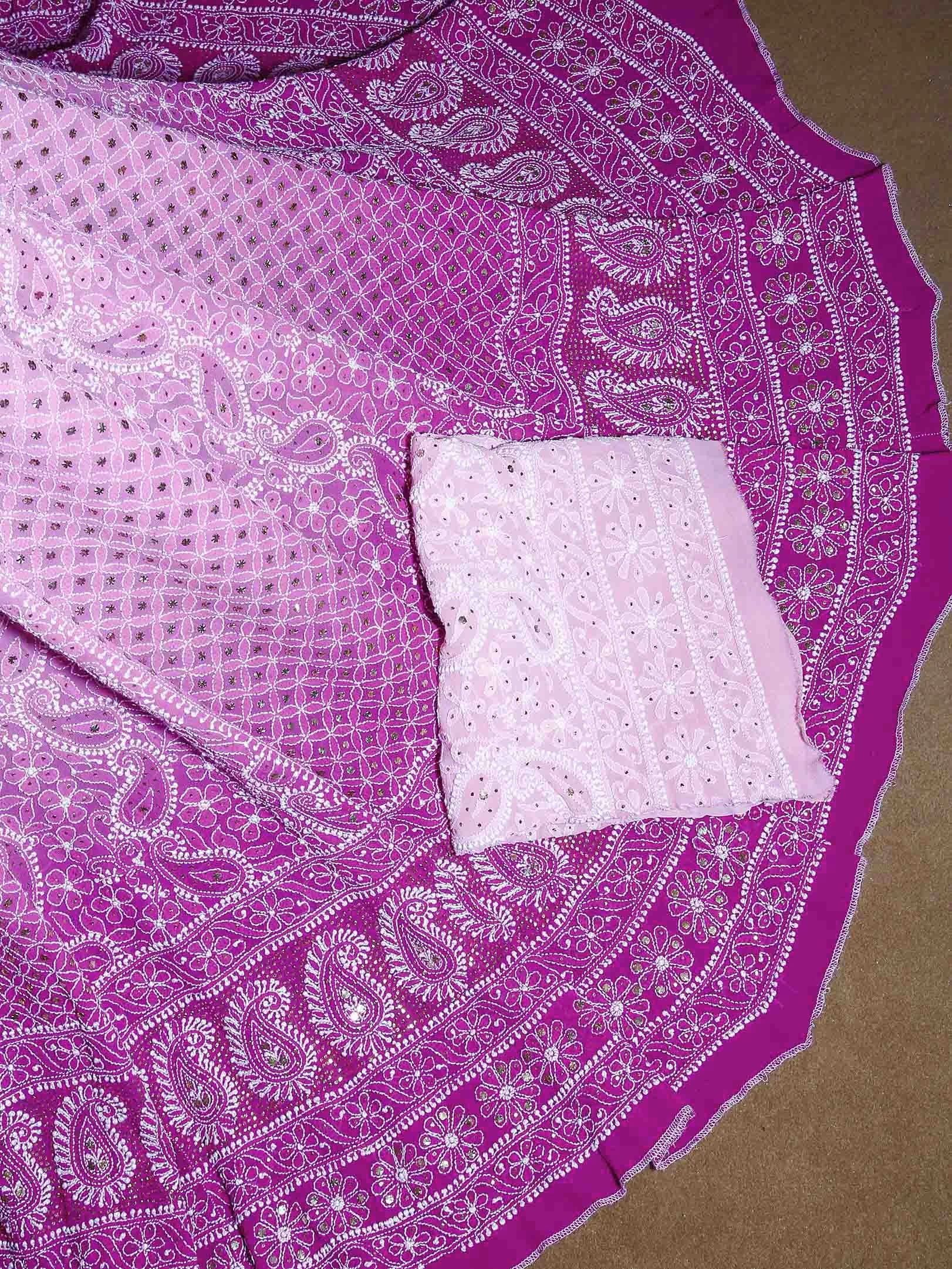 Ada Hand Embroidered Ombre Shade Of Pink Pure Georgette Lucknowi Chikankari Lehenga Set With Muqaish Work A610156