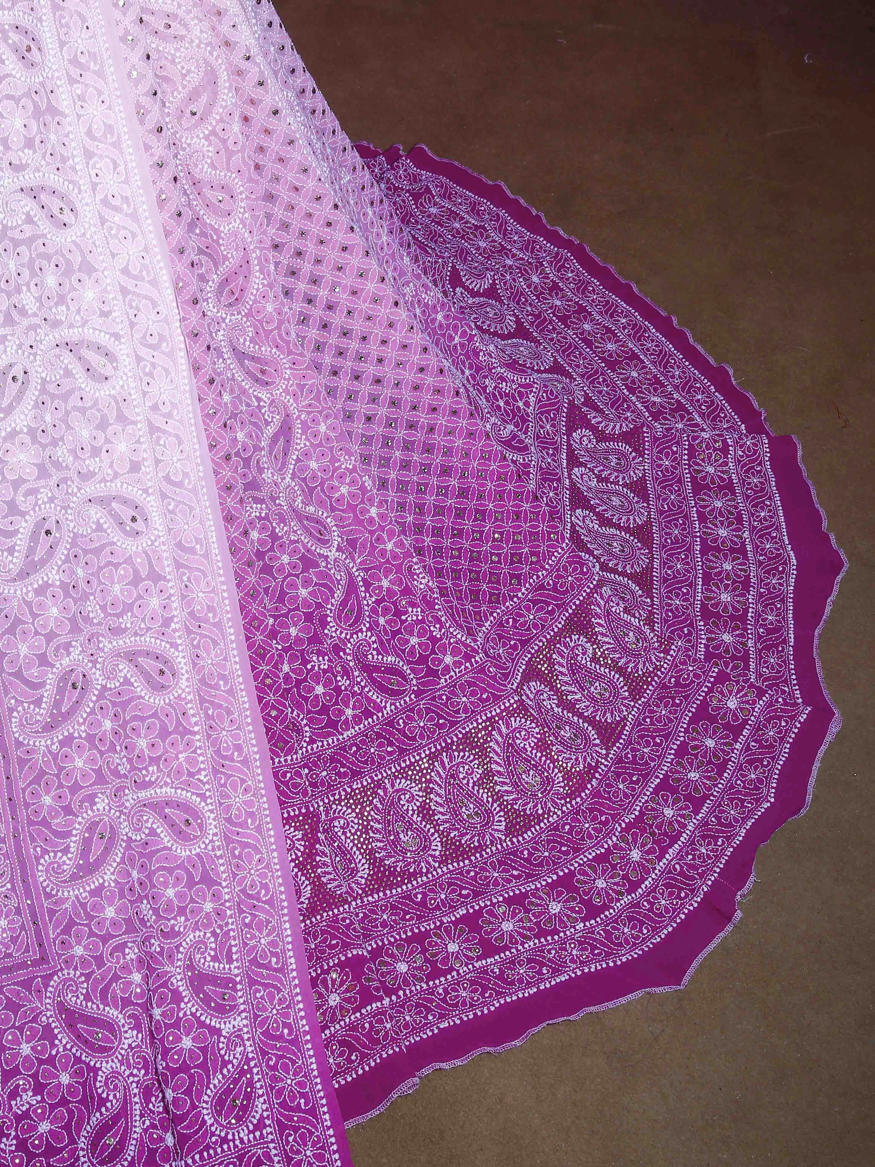 Ada Hand Embroidered Ombre Shade Of Pink Pure Georgette Lucknowi Chikankari Lehenga Set With Muqaish Work A610156