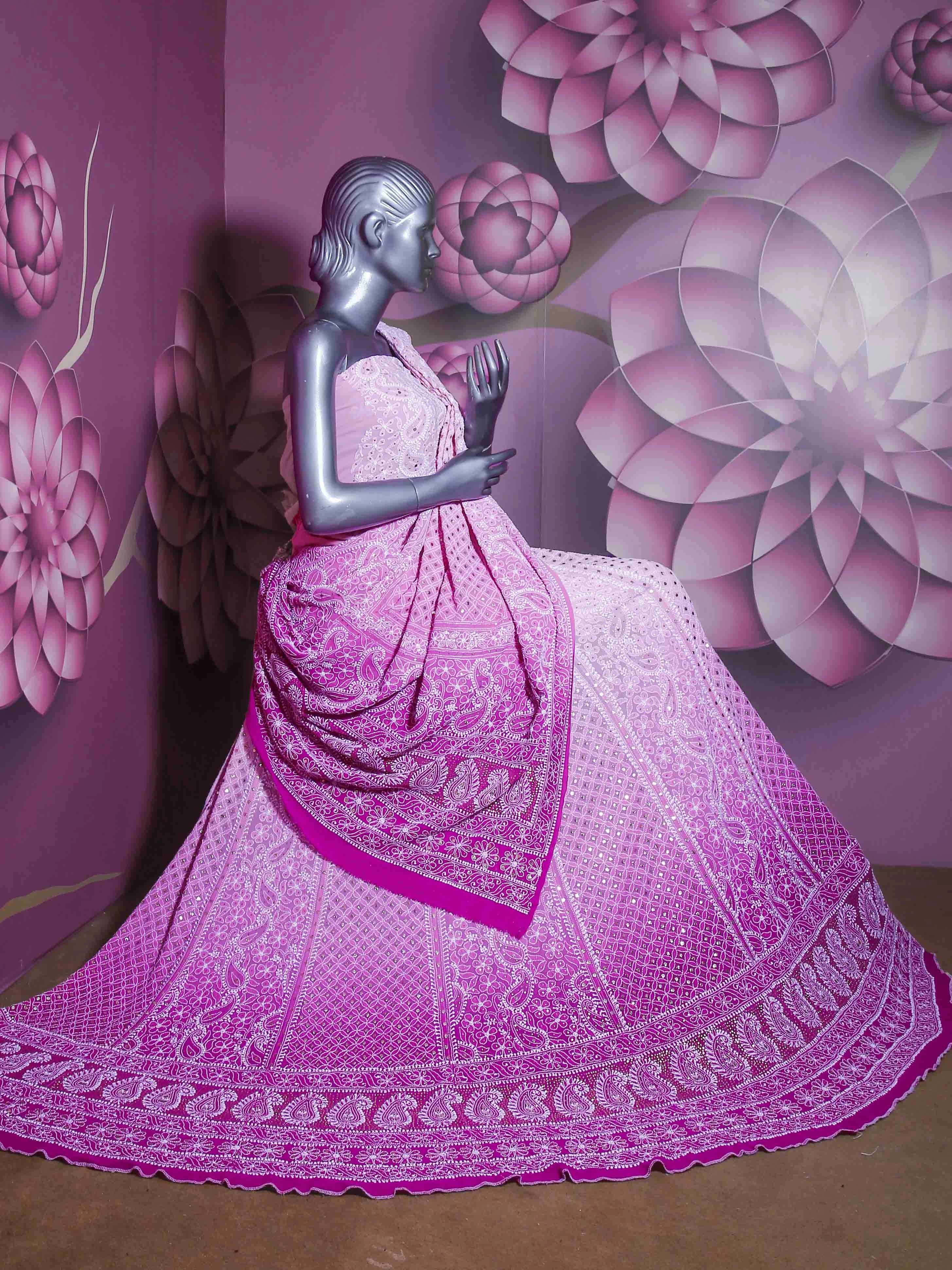 Ada Hand Embroidered Ombre Shade Of Pink Pure Georgette Lucknowi Chikankari Lehenga Set With Muqaish Work A610156