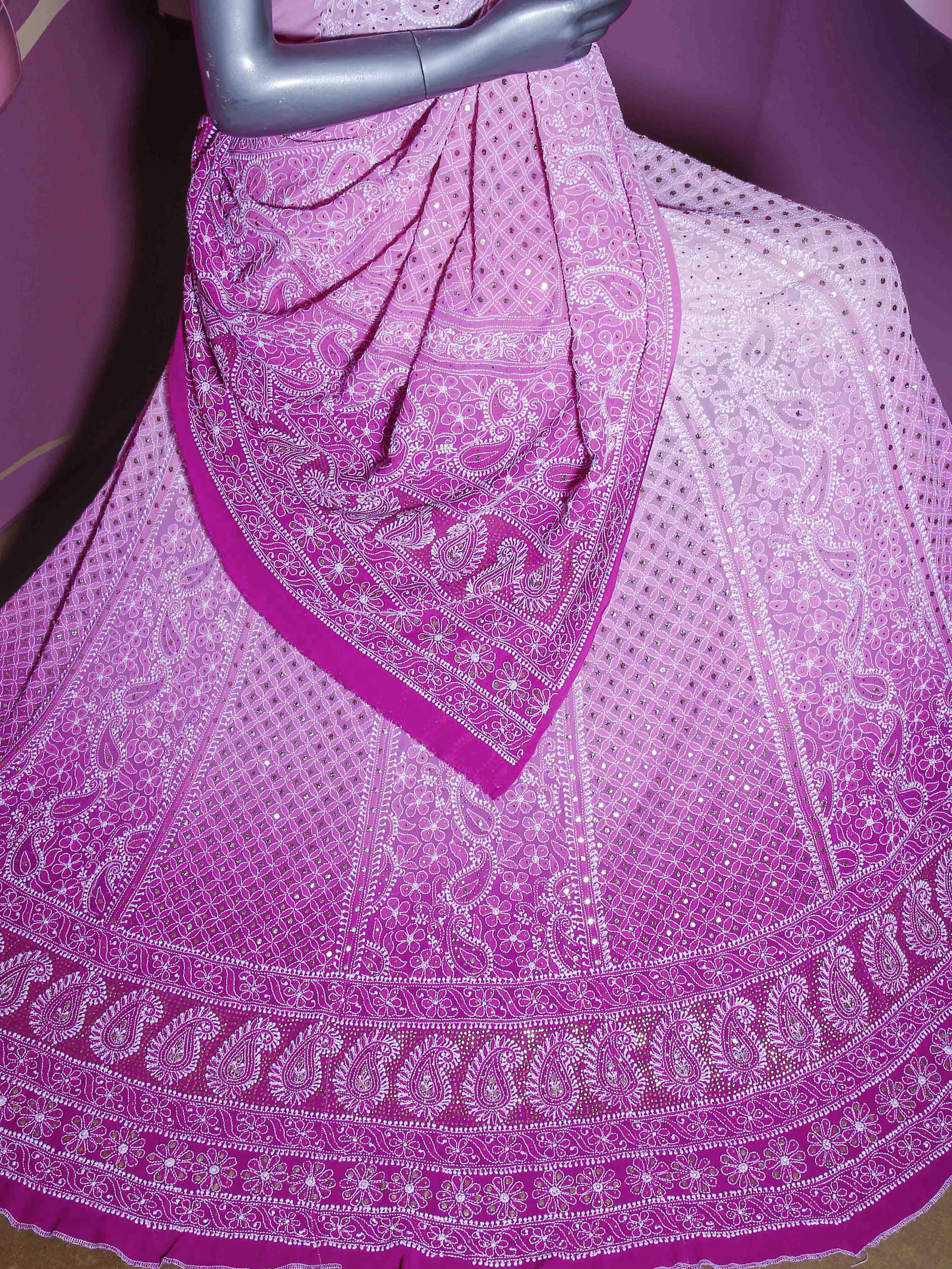 Ada Hand Embroidered Ombre Shade Of Pink Pure Georgette Lucknowi Chikankari Lehenga Set With Muqaish Work A610156