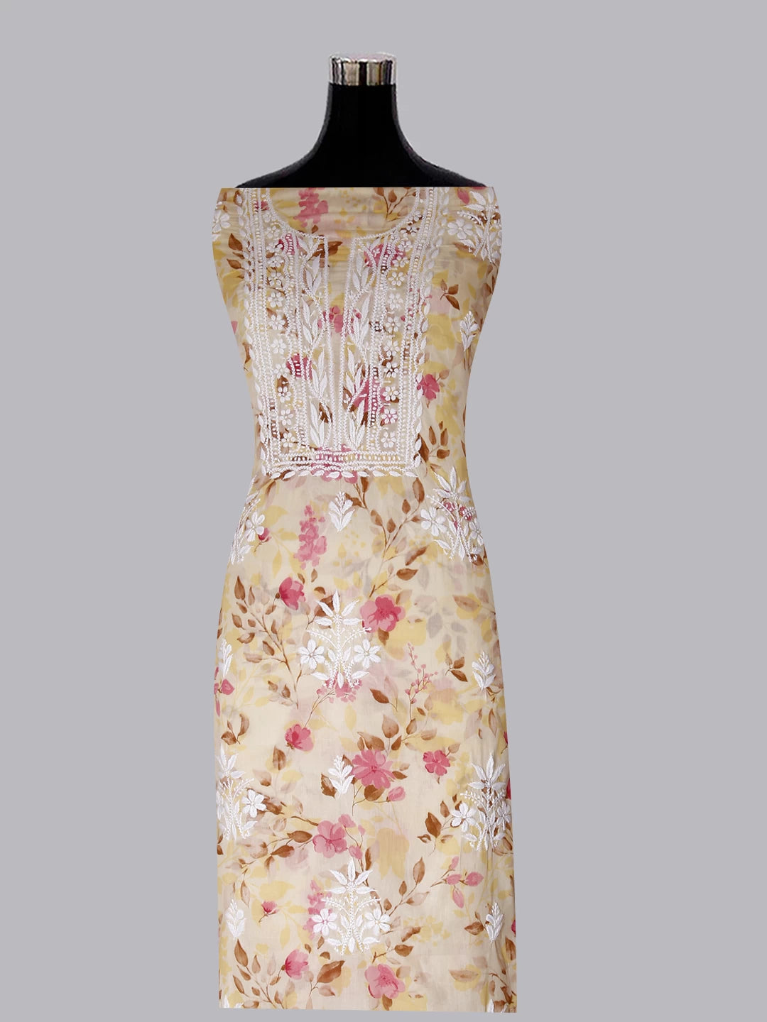 Ada Hand Embroidered Champagne Yellow Cotton Blend Lucknowi Chikankari Unstitched Kurta Dupatta Set 01A444400