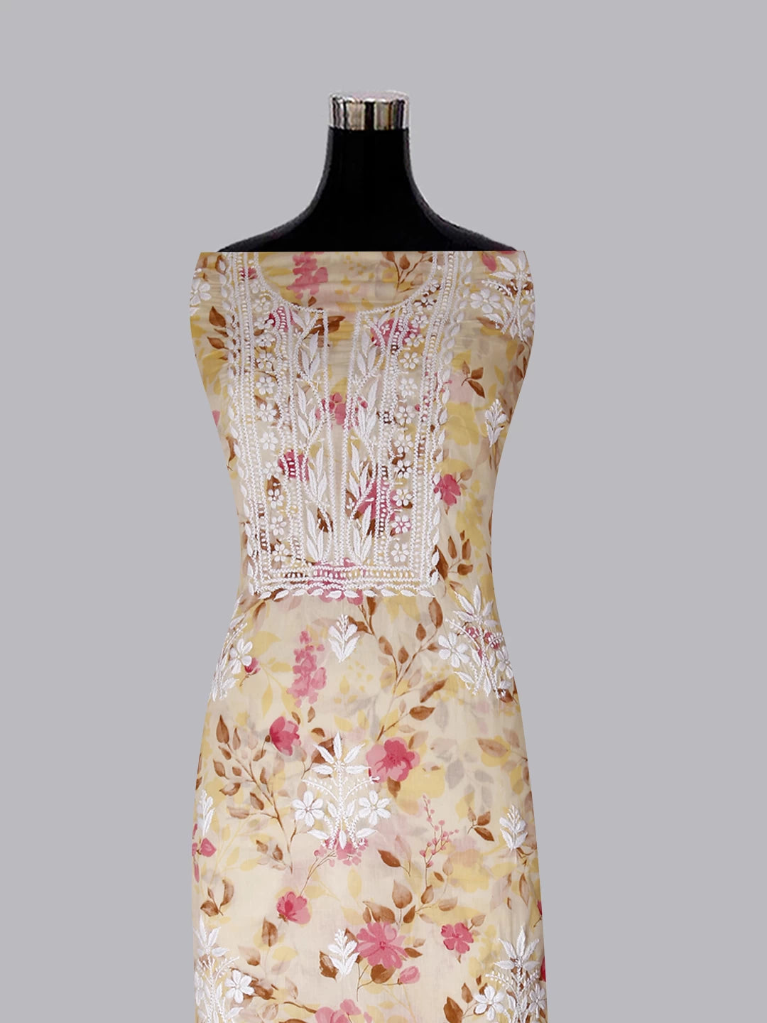 Ada Hand Embroidered Champagne Yellow Cotton Blend Lucknowi Chikankari Unstitched Kurta Dupatta Set 01A444400