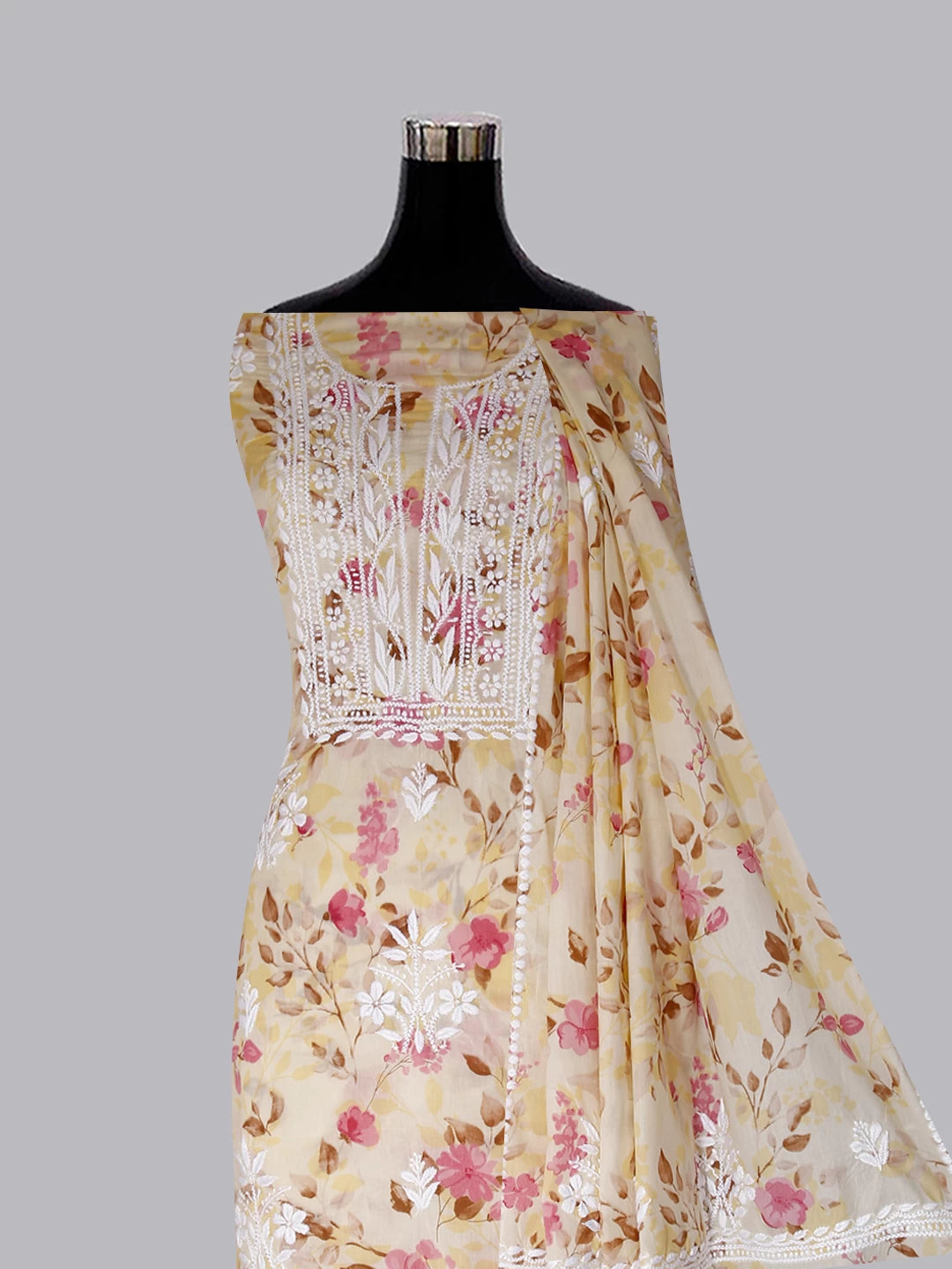 Ada Hand Embroidered Champagne Yellow Cotton Blend Lucknowi Chikankari Unstitched Kurta Dupatta Set 01A444400