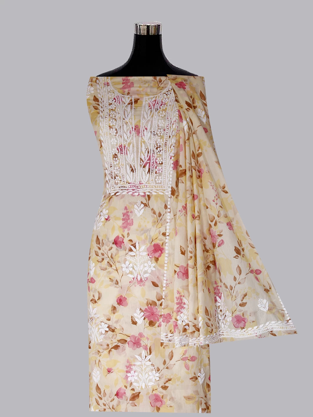 Ada Hand Embroidered Champagne Yellow Cotton Blend Lucknowi Chikankari Unstitched Kurta Dupatta Set 01A444400